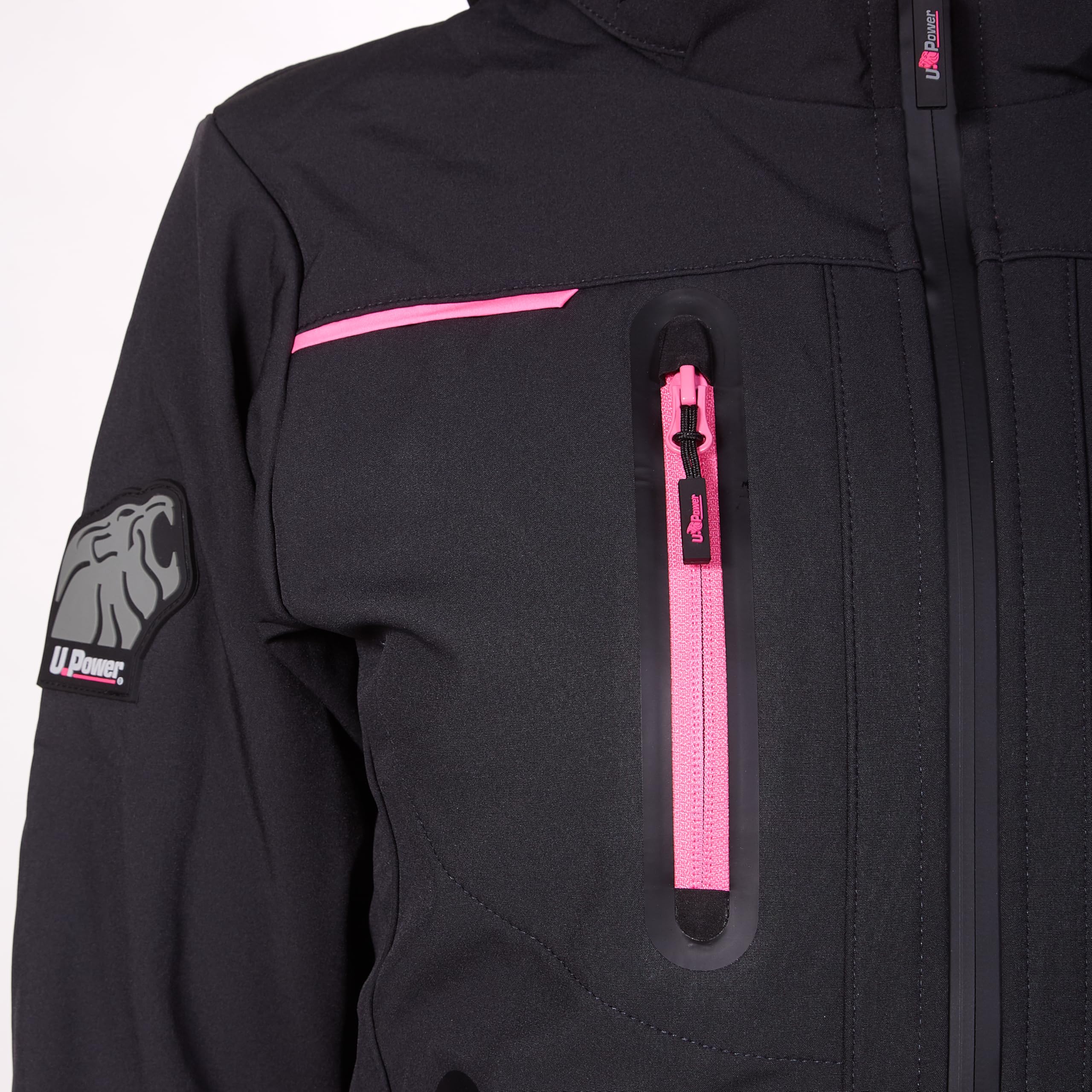 U-Power SPACE, Giacca Softshell, con Cappuccio Staccabile, Tasche Ampie, Full Zip, Antivento, Impermeabile, Tessuto Resistente, Confortevole (GREY FUCSIA - M)