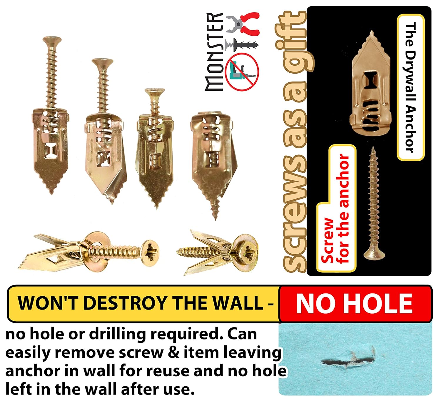 Best Seller Monster FIX Best Quality Drywall Self-Drilling Anchors with Screws, No Drill Or Holes in Wall, Screws as a Gift, Kit of 100 Pieces