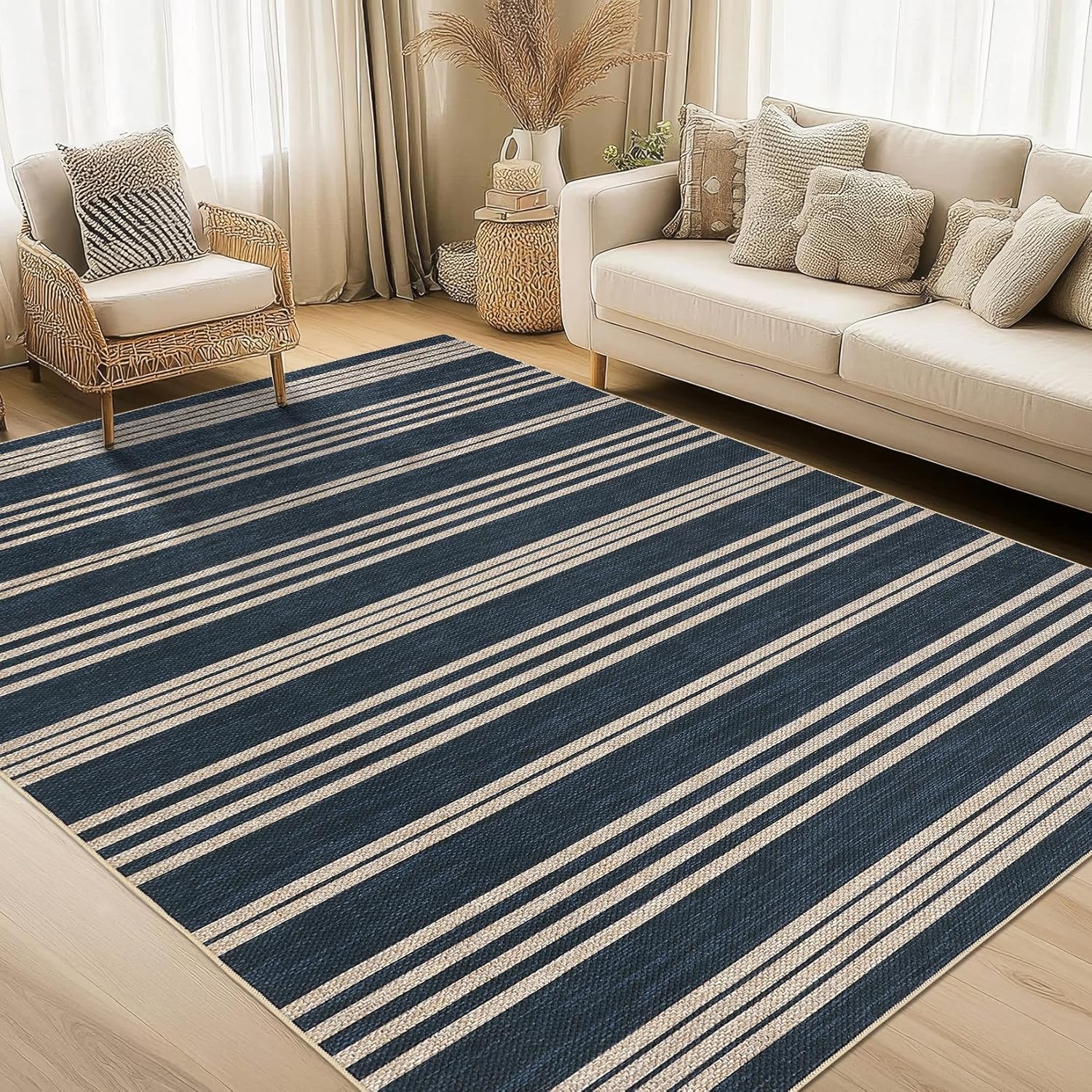 COZYLOOM 5x7 Indoor Outdoor Rugs Machine Washable Area Rugs for Living Room Non Slip Non Shedding Striped Easy Jute Rug Stain Resistant Geometric Carpet for Bedroom, RV, Patio, Navy Blue