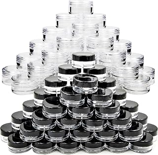 Youngever 140 Pcs Empty Plastic Cosmetic Samples Containers, 80 Pack 5G Plastic Jars With Lids (40 White,40 Black), 60 Pack 3G Cosmetic Jars with Lids (30 White,30 Black), 5 Mini Spatulas and Labels
