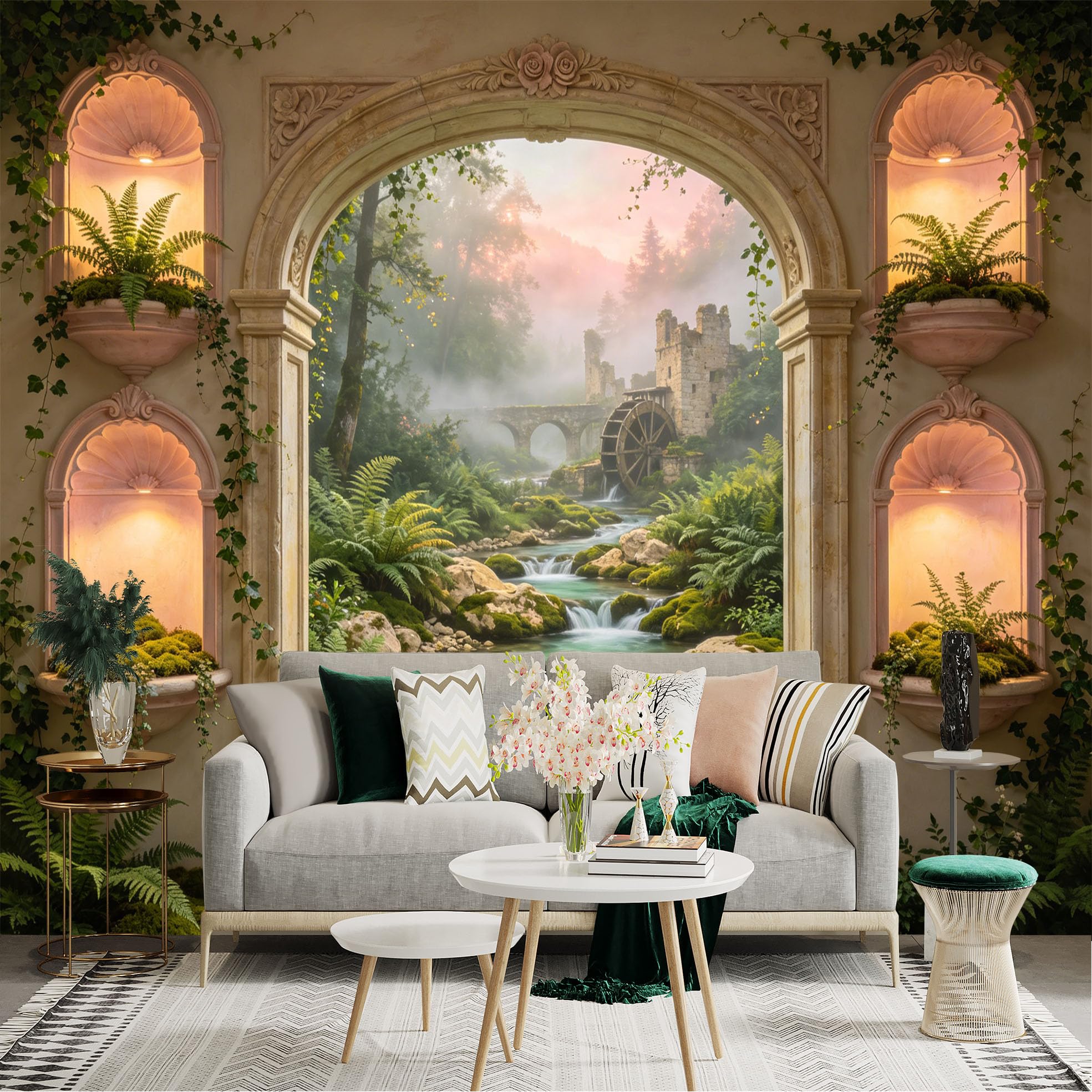 Lnzczhyre Dbh260521390 Custom Size Wall Sticker Mural， Scenic Forest View With Stone Water Mill， Lush Ferns And Flowing Creek， Fantasy Garden Archway， For Wall Decoration， Peelandstick Wall Decals.