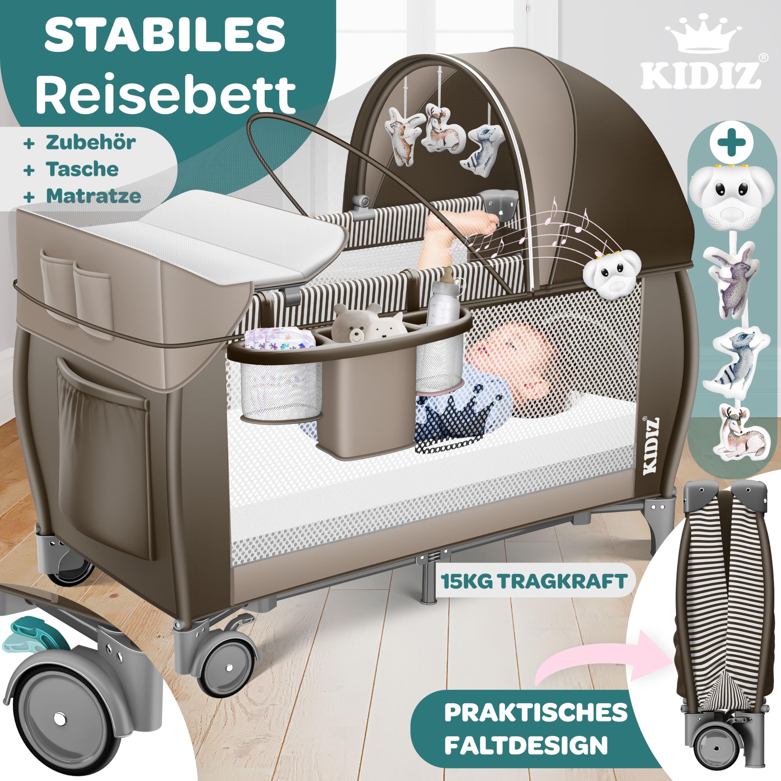 KIDIZ® Łóżeczko dziecięce 3 w 1, turystyczne, zestaw kombi, łóżeczko z przewijakiem, moskitiera, kojec, do 15 kg, przewiewne ściany boczne z wejściem bocznym, składana torba transportowa, brązowy