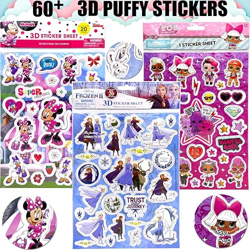 Disney Calcomanías hinchadas 3D para niñas, paquete variado de 3 hojas, Disney Frozen, Minnie, LOL Diva Dolls para regalos, recuerdos de fiesta,