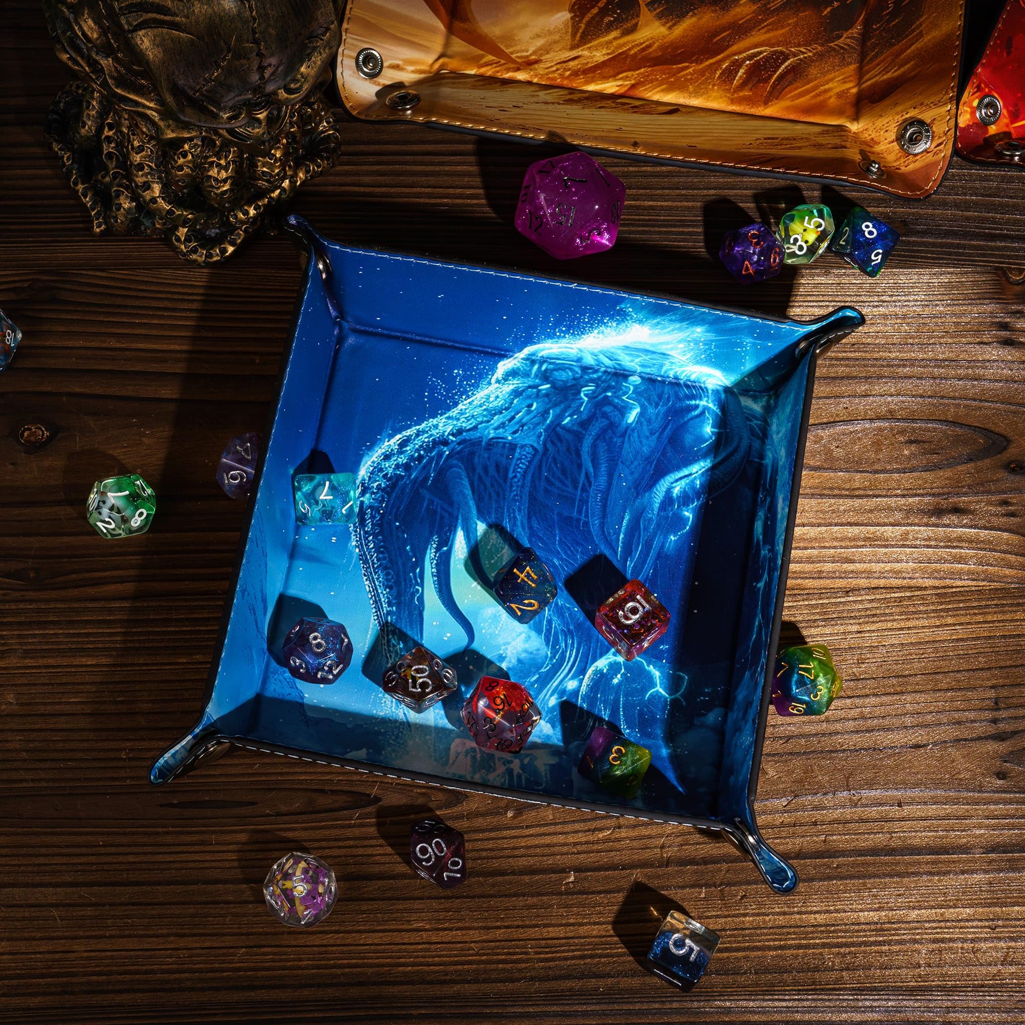 Cusdie PU Leather Dice Tray Square Tray for Dice Rolling and Storing Small Items - Cthulhu Design, Blue Cthulhu - Image 2