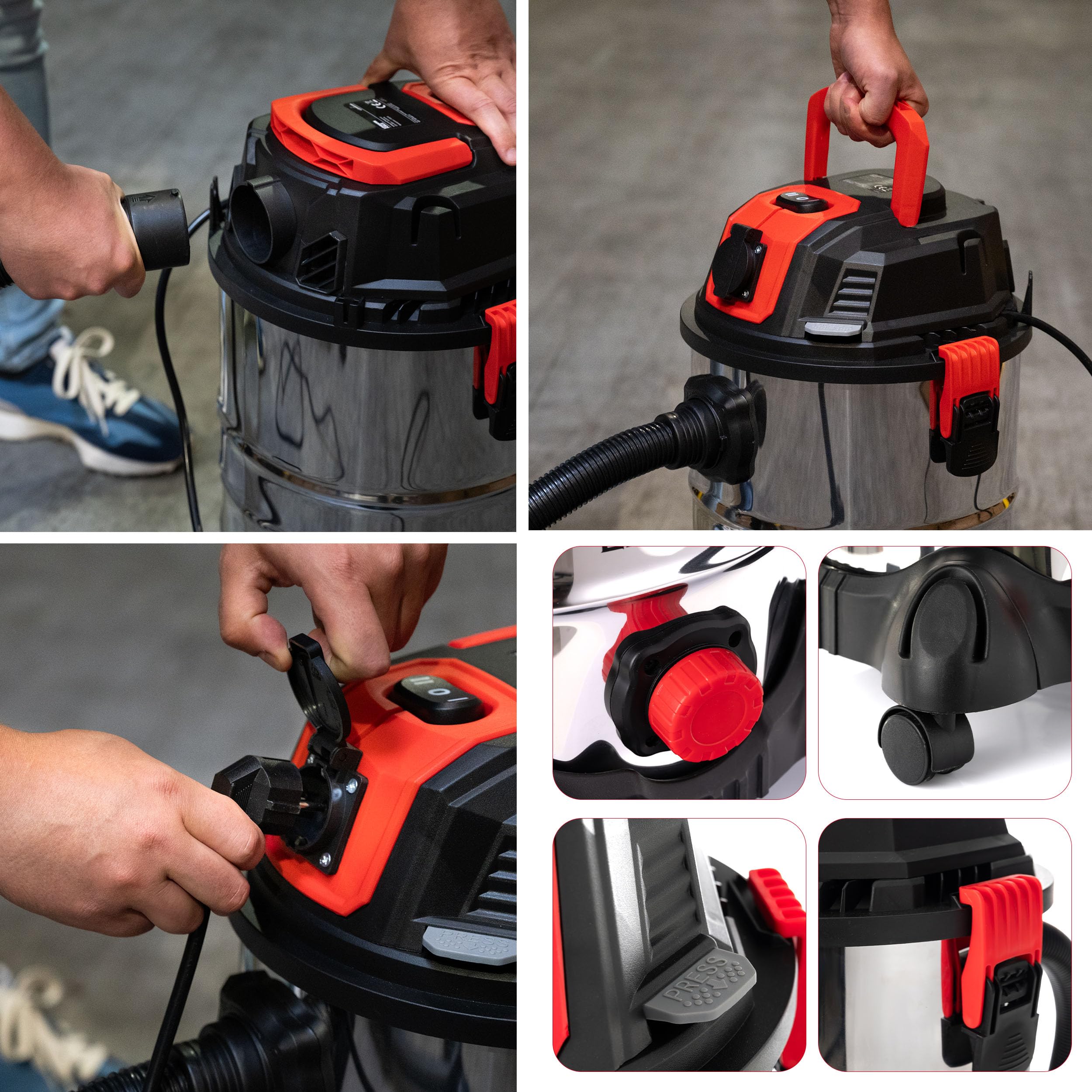 LEHMANN Aspirateur Industriel avec Prise 2000W, Aspirateur Eau et Poussière avec Réservoir en Métal 30L, Fonction Soufflage, Filtre HEPA et Filtre Mousse, idéal pour Atelier et Chantier