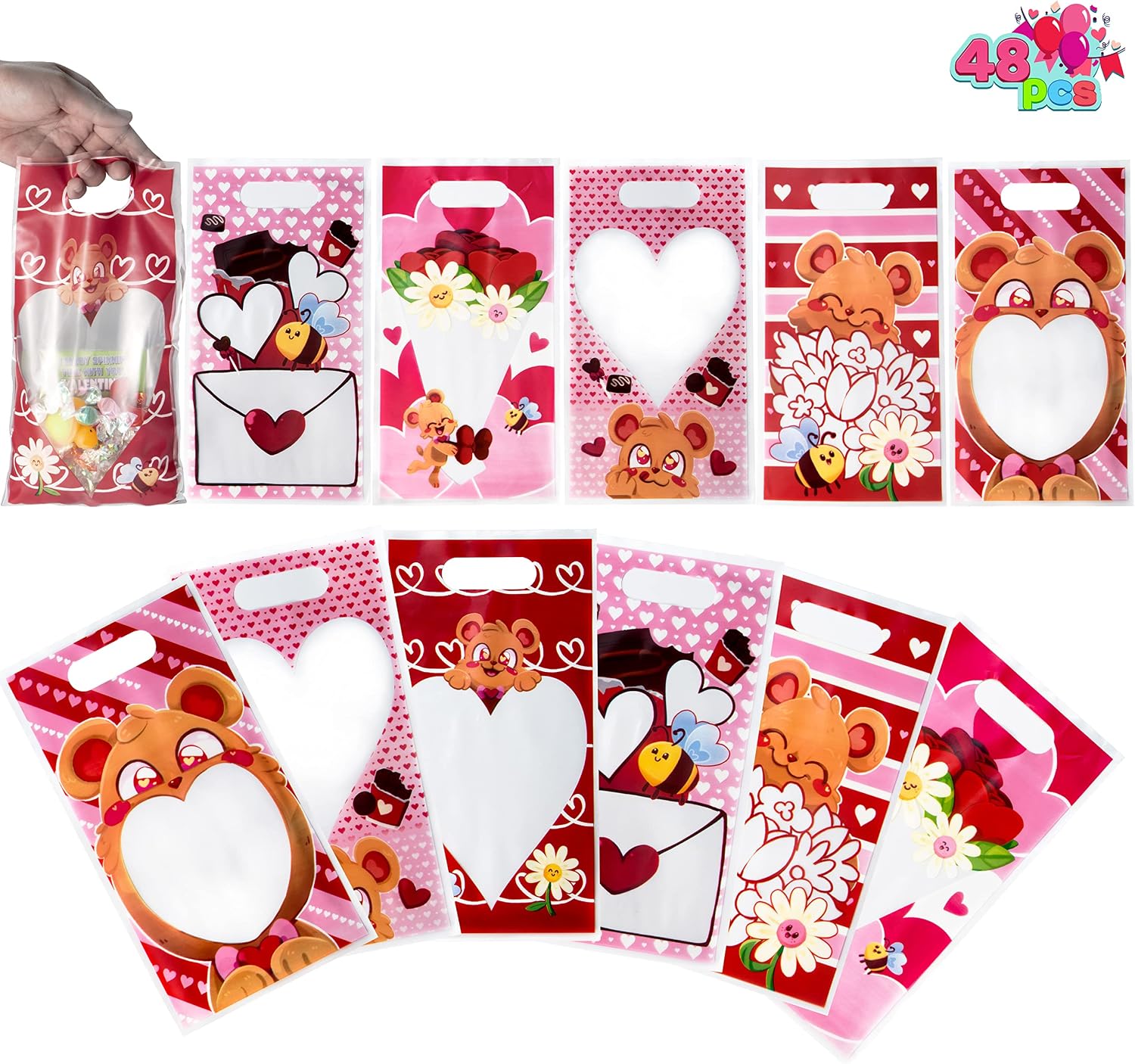 JOYIN 48 Pcs Valentine’s Day Gift Bag, Plastic Treat Bags, Cellophane Candy Bags in 6 Designs with Heart Shaped Window for Valentine Party Favor, Kids Valentine Party Favor, Classroom Gift Exchange