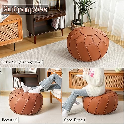 Miniatura 5 de Camkinger Puf otomano sin relleno  Decoración marroquí de 24 x 24 x 12 pulgadas, asiento redondo grande, puf otomano de piel sintética, reposapiés