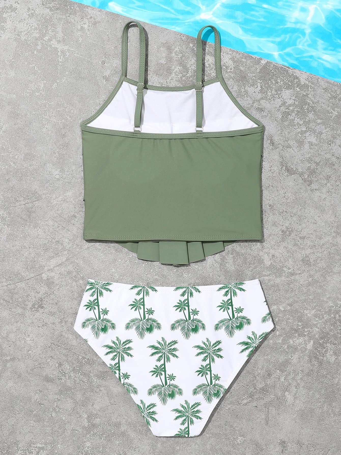 SweatyRocks Girl's Two Piece Swimsuit Graphic Print Ruffle Flounce Cute Bikini Set Bathing Suit Green White 10Y