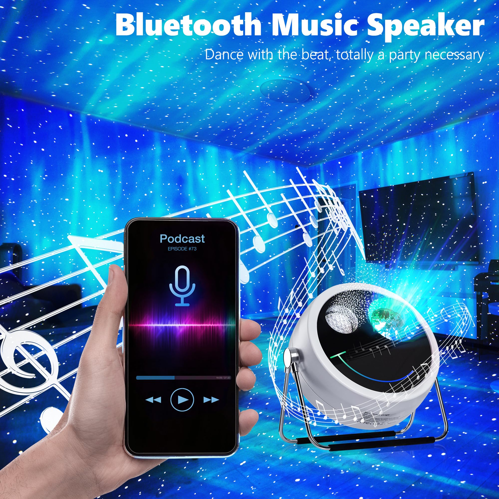 Brizled Star Proyector Galaxy Light, USB C White Starry Projector Funciona con fuente de alimentación PD, altavoz Bluetooth y luz de proyector Aurora de ruido blanco, proyector de galaxia LED para