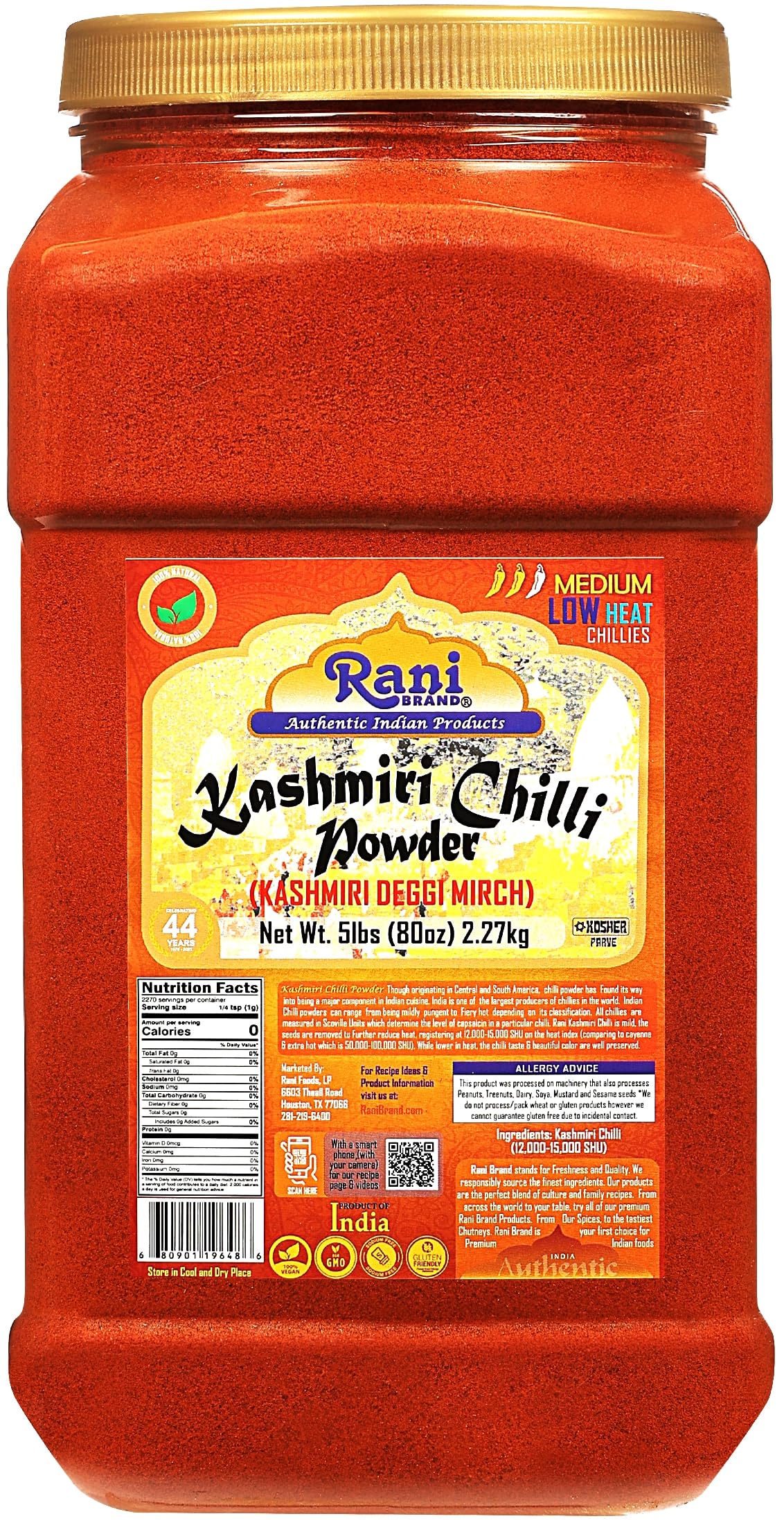 Rani Kashmiri Chilli Powder (Deggi Mirch, Low Heat) Ground Indian Spice 80oz (5lbs) 2.27kg PET Jar ~ All Natural | Salt-Free | Vegan | No Colors | Gluten Friendly | NON-GMO | Kosher | Indian Origin