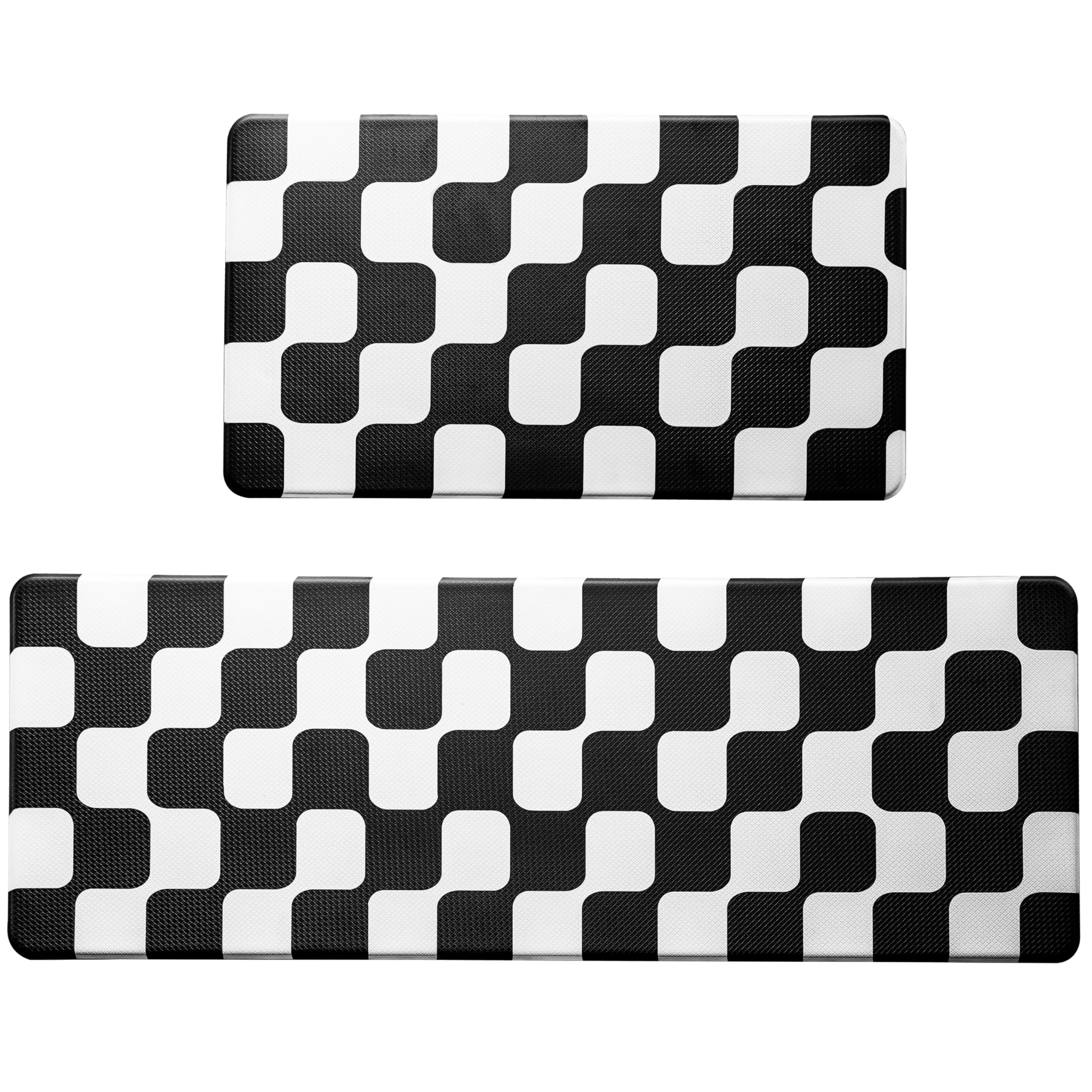 Juego de 2 alfombras de cocina a cuadros retro con curvas negras [2 piezas], antifatiga, impermeables, antideslizantes, resistentes, ergonómicas, cómodas, para suelo, hogar, lavandería, 17 x 29