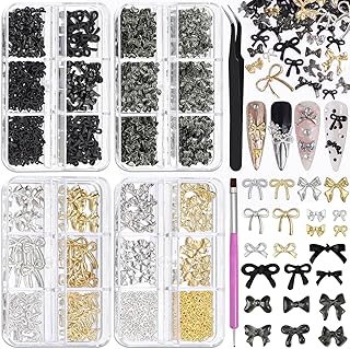 4 cajas de dijes de uñas con lazo 3D, negro/p...