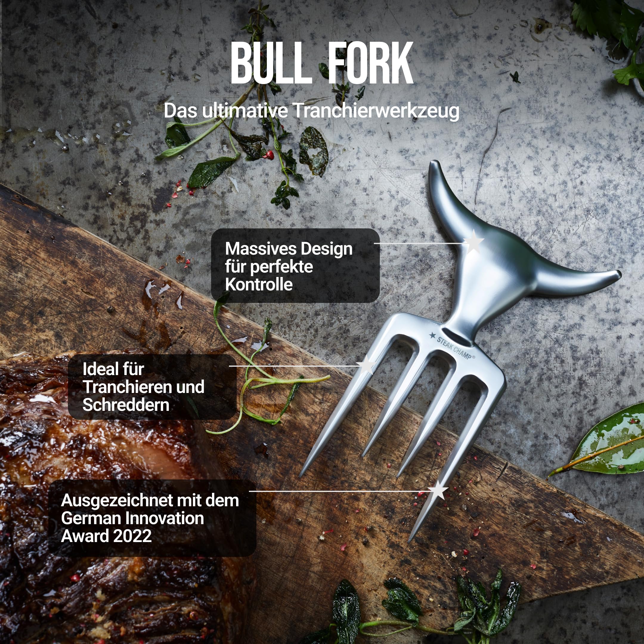 Steak Champ Bull Fork Fleischgabel, 16,5 cm: Massive Serviergabel, Tranchierbesteck, mit Zinklegierung, verchromt, spülmaschinenfest