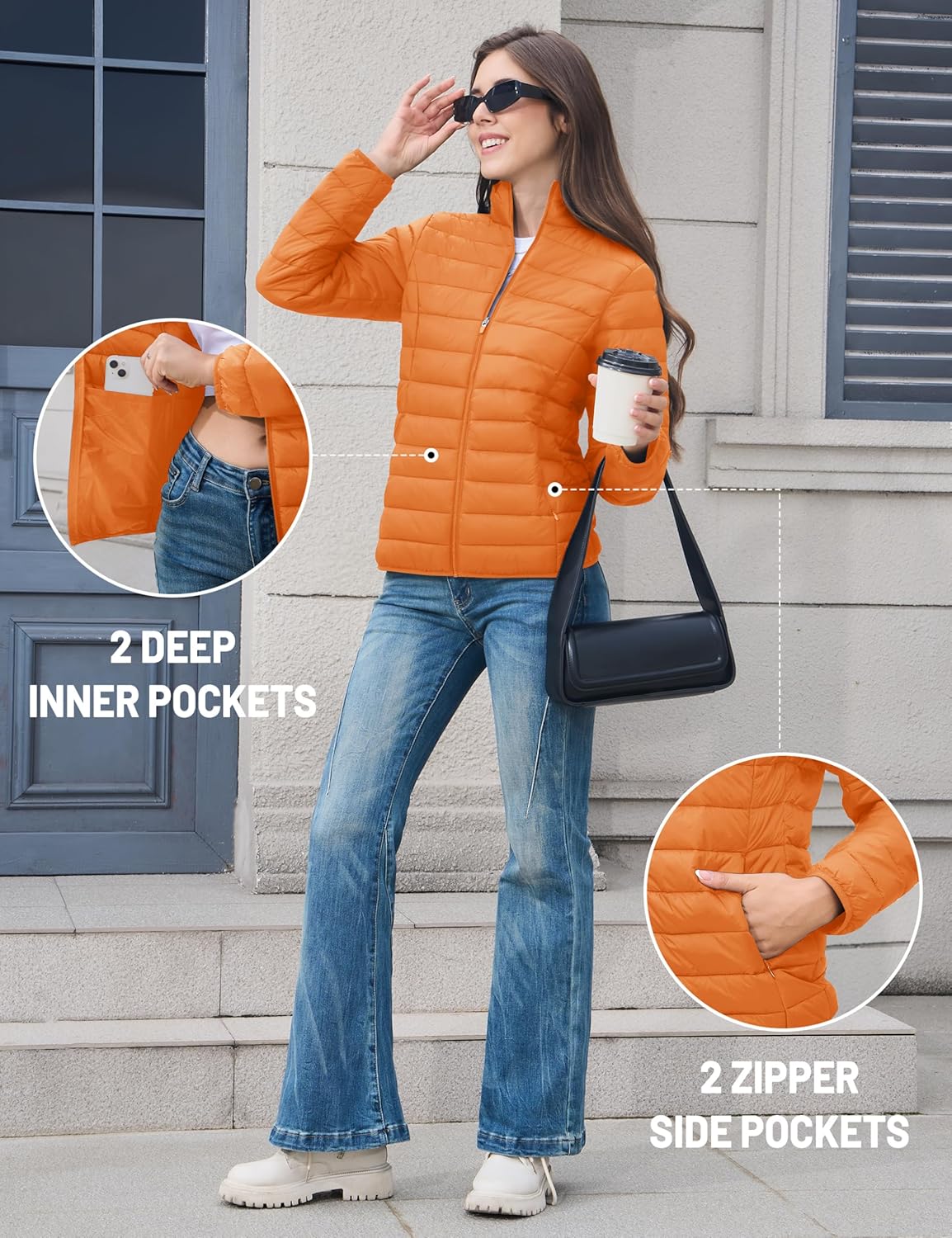 MAGCOMSEN Women's Puffer Jacket Lightweight Quilted Padded 4 Pockets Zip-up Stand-collar Winter Fleece Coat - Image 7