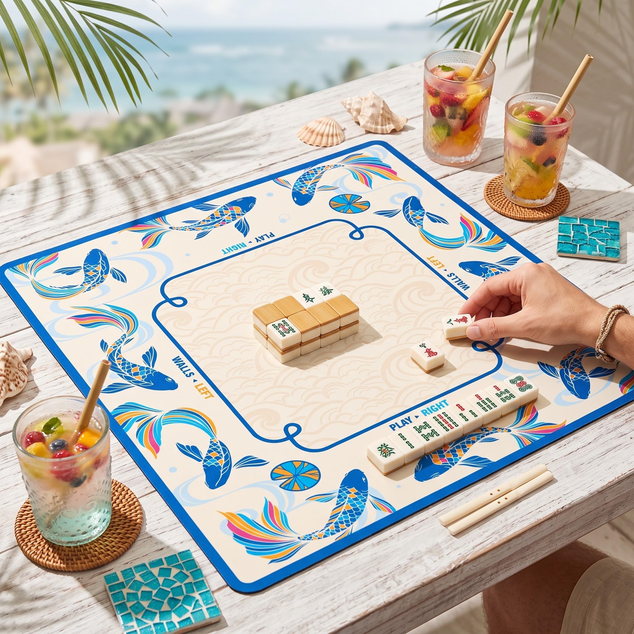 Soulchen Koi Fish Tapis de mahjong américain avec règles pour table Bleu | Tapis de jeu antidérapant avec règles, sans plis, livré roulé, 31,5 x 31,5 cm avec réduction du bruit et sac de transport
