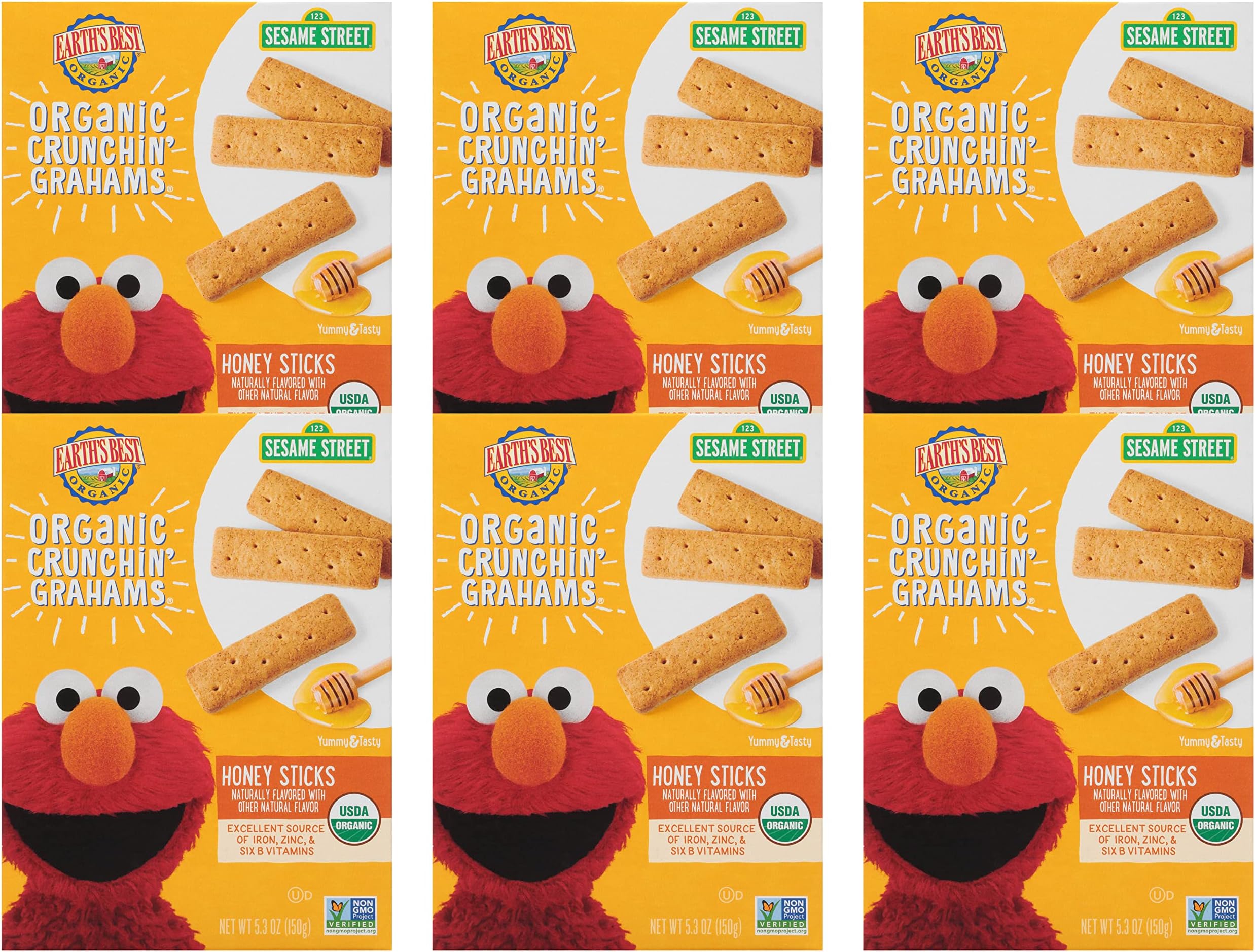 Organic Kids Snacks, Sesame Street Toddler Snacks, Organic Crunchin' Grahams for Toddlers 2 Years and Older, Honey Sticks with other Natural Flavors, 5.3 oz Box (Pack of 6)