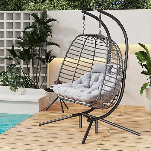 Miniatura 8 de Silla colgante doble con soporte, hamaca de patio con cojín para dormitorio, balcón, jardín, interior, exterior