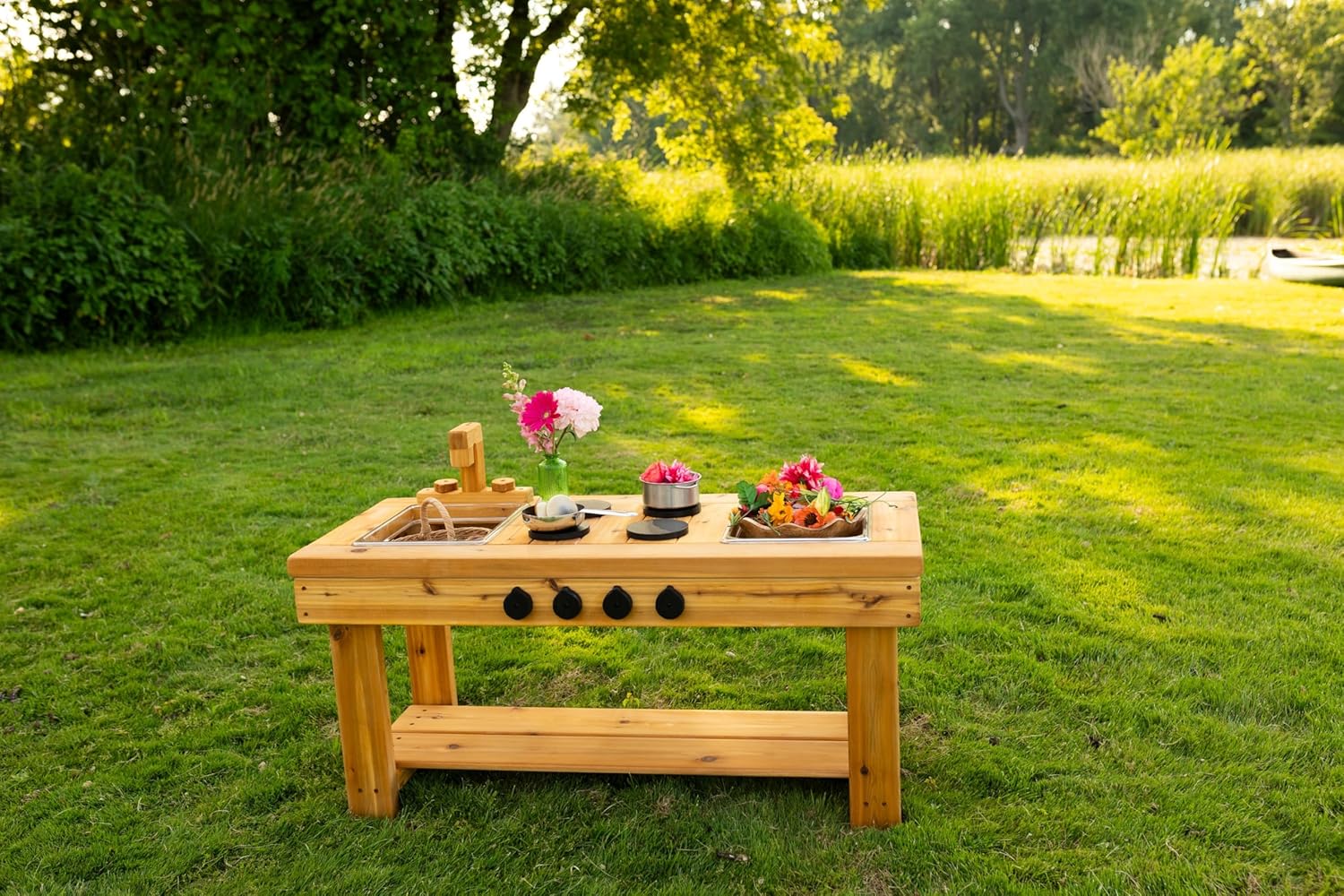 Noble Toys XL Cedar Outdoor Mud Kitchen Centered with Stovetop for Toddlers and Kids | Pretend Play Toddler Table | Sensory Table | Outside Playset | Real Wooden Kitchens | Preschool Equipment