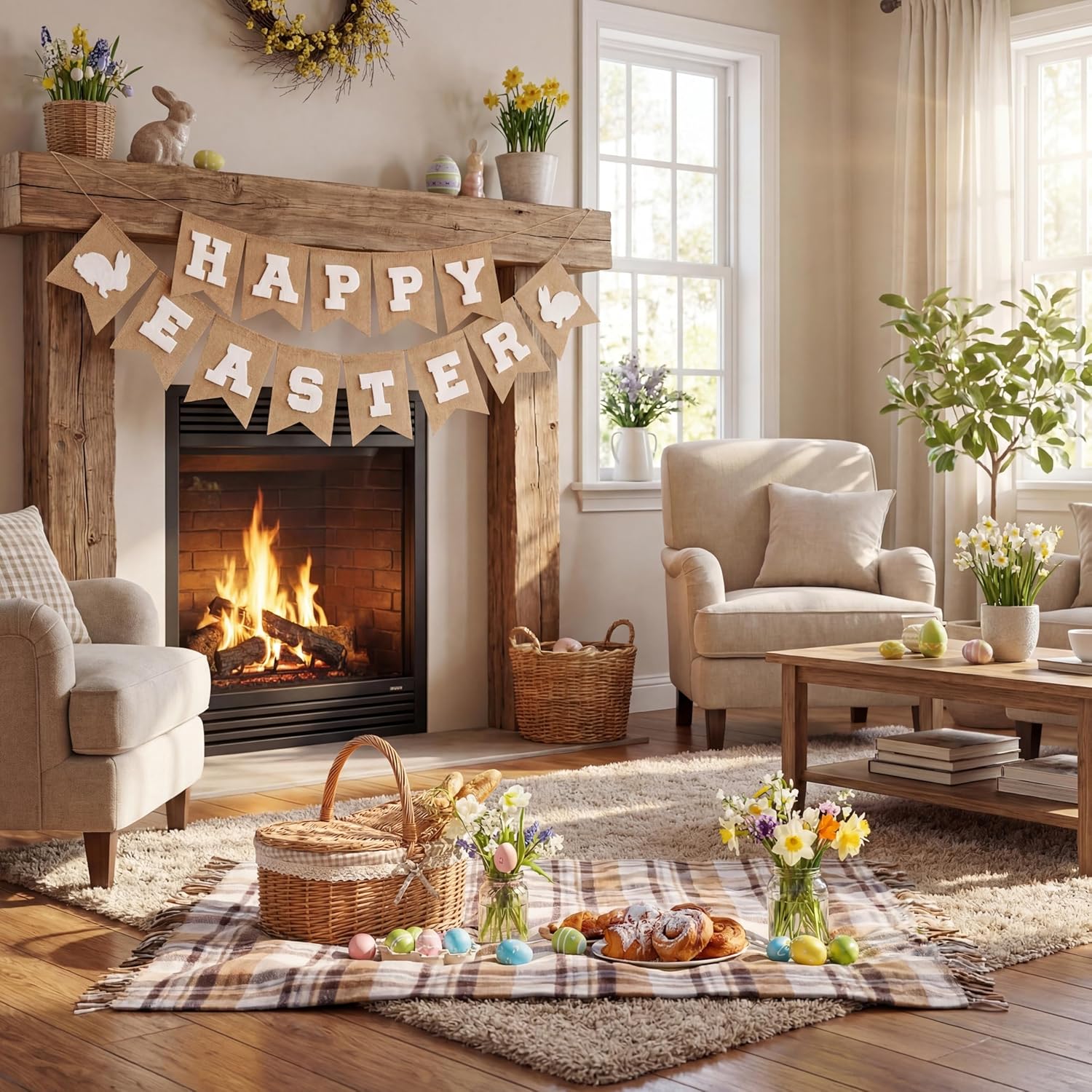Happy Easter Banner Burlap Garland, Bunny Egg Rustic Farmhouse Spring Decorations for Mantel Fireplace, Easter Party Decor Home Holiday Supplies (White Bunny)