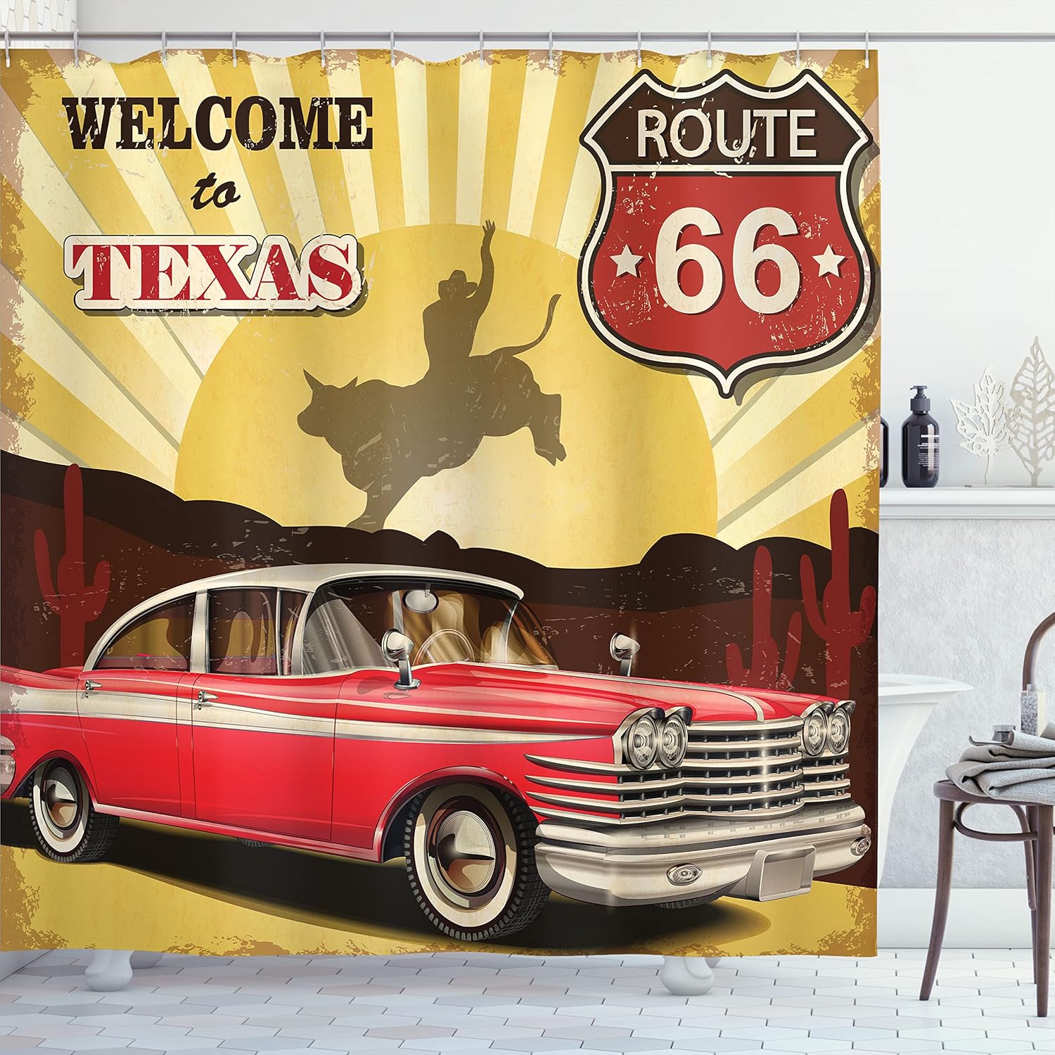 Ambesonne Vintage Shower Curtain, Welcome to Texas Signboard Poster Cadillac Art Car Cowboys Town Rodeo Design, Cloth Fabric Bathroom Decor Set with Hooks, 69" W x 84" L, Dark Pink Yellow Green