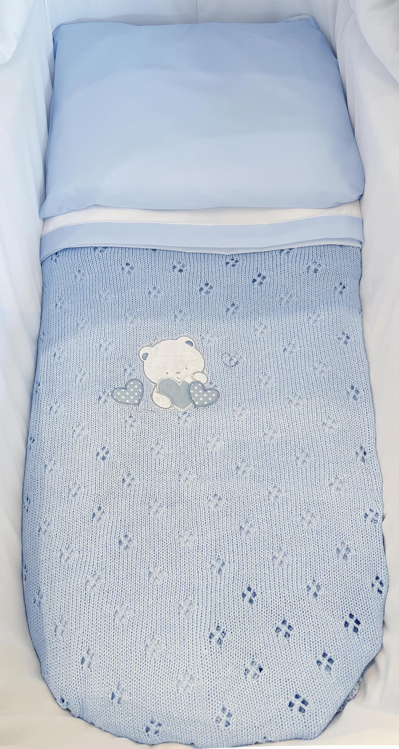 ANDY & HELEN - Coperta estiva in filo di cotone con orsetto per culla e passeggino 75 x 90 cm (azzurro)