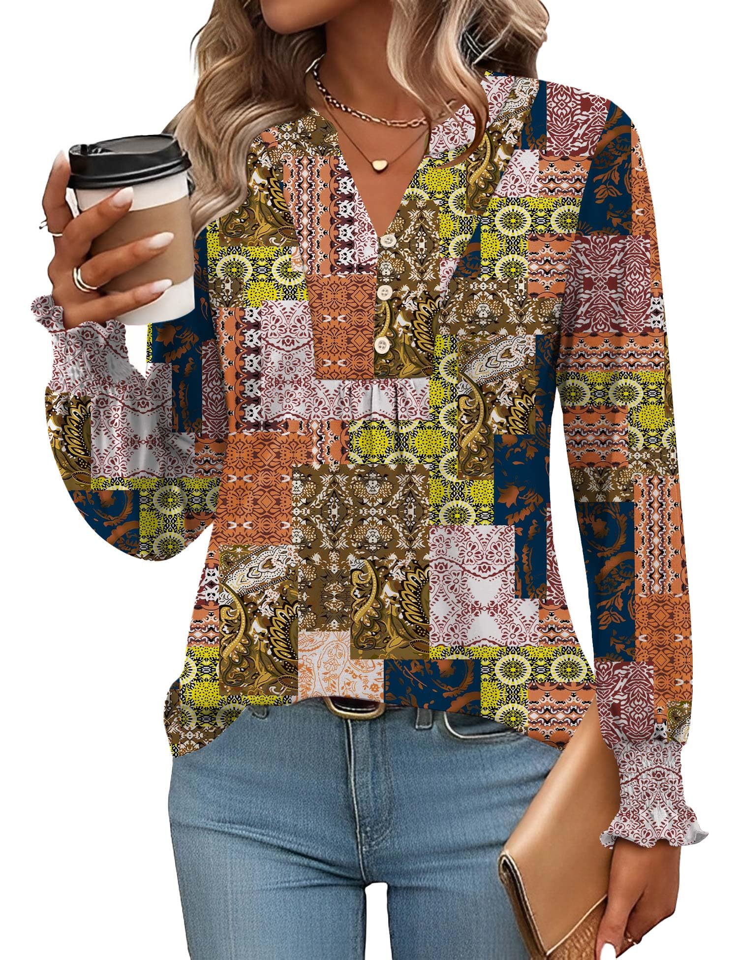 Rapbin Bluse Damen V-Ausschnitt Knopfleiste T-Shirt Tunika Kurzarm Top Sommer Oberteile Elegant Casual