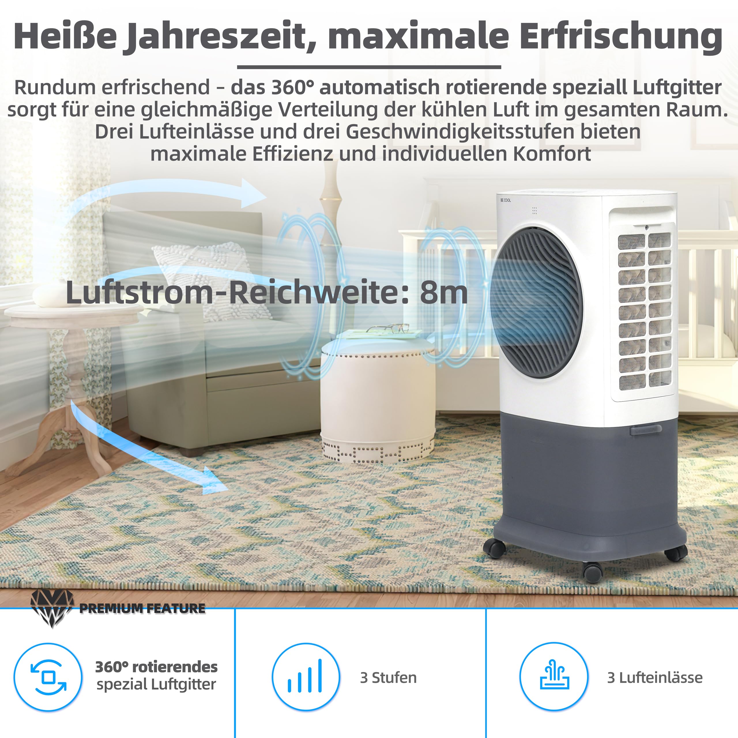 BE COOL Premium Luftkühler BC6ACP2501W mit WiFi, 6,5L Wassertank, 340 m³/h Luftleistung, Timer, Fernbedienung, LED-Display, 3 Modi, mobil, leise (≤50dB)