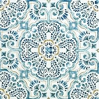 FloorPops FP2477 Fontaine Peel & Stick Vinyl Floor Tiles, Blue Moroccan Pattern - Easy DIY Kitchen Bathroom Flooring 60x24in