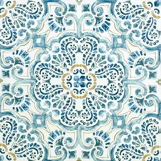 FloorPops FP2477 Fontaine Peel & Stick Vinyl Floor Tiles, Blue Moroccan Pattern - Easy DIY Kitchen Bathroom Flooring 60x24in