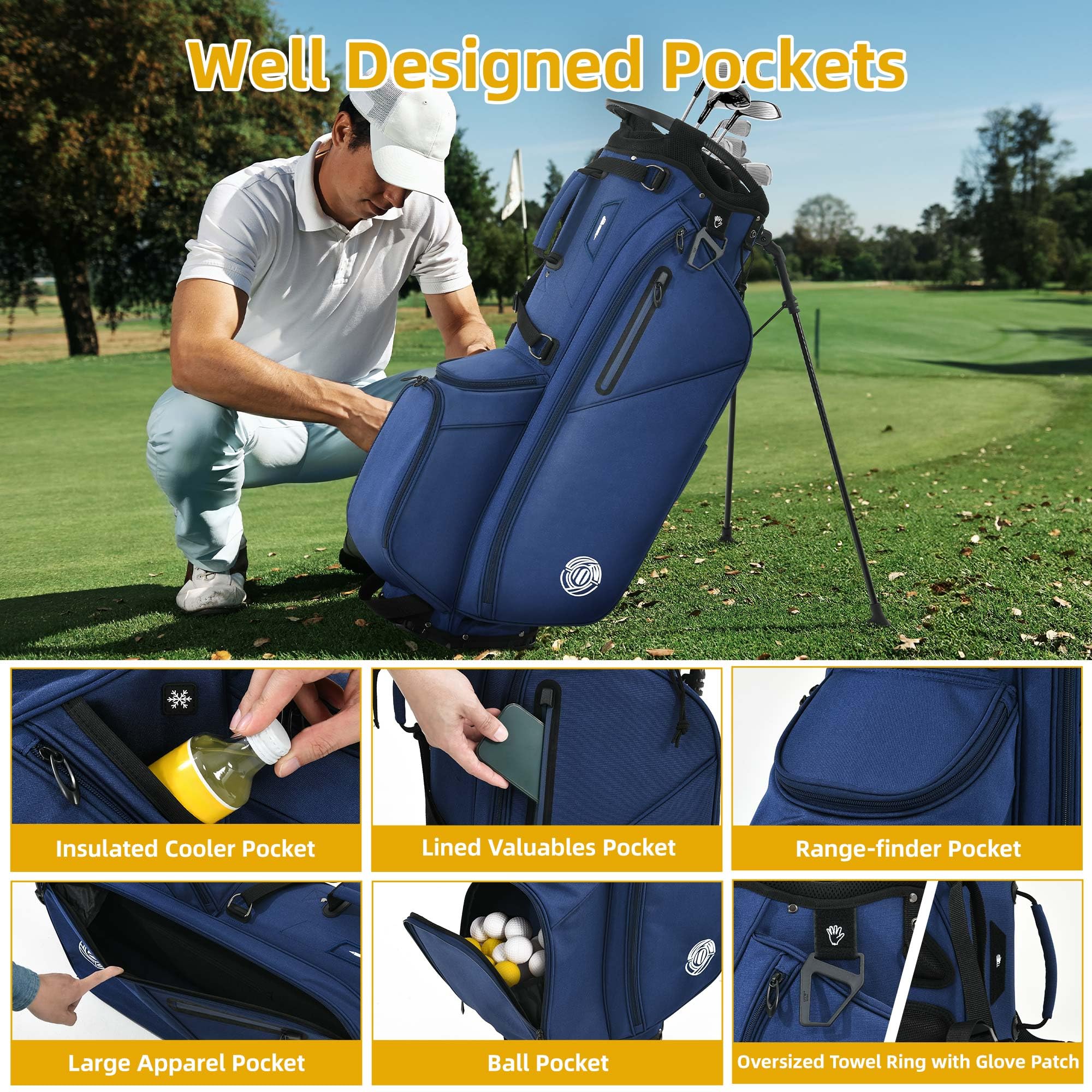 Shopsource Borsa da golf a 14 vie, leggera con supporto, per uomini e donne, con doppia cinghia ergonomica imbottita, divisori a tutta lunghezza, tasche multiple, cappuccio antipioggia