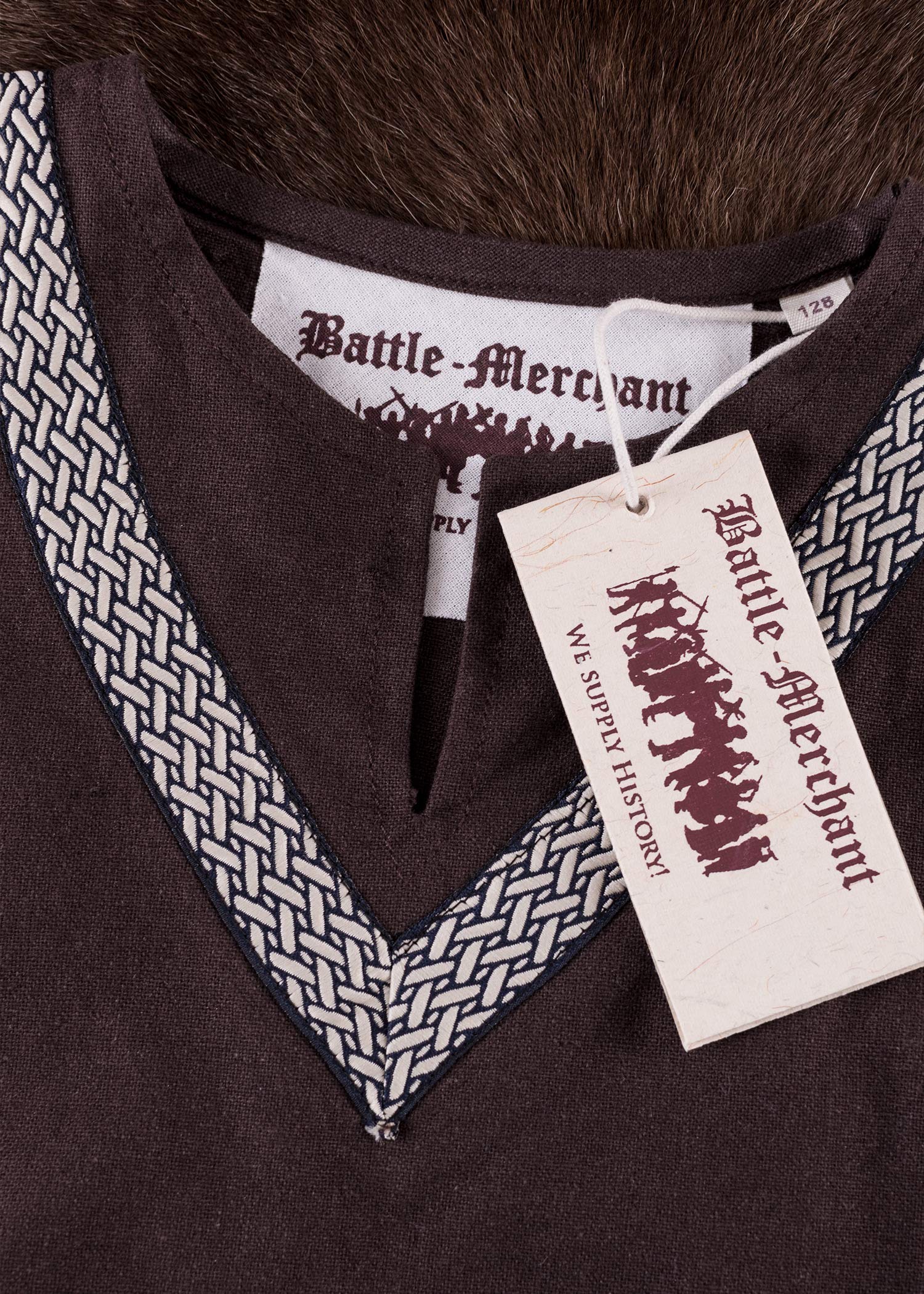 Battle-Merchant Dziecięca średniowieczna tunika Ailrik z bordiurą krótki rękaw | chłopcy dziewczynki (brązowy, 164)