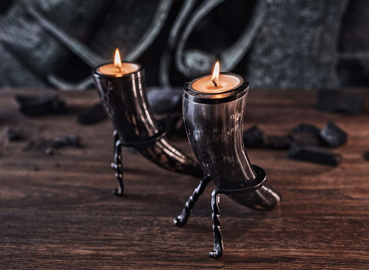 Genuine Ox-Horn Candle Sticks (2) with Tea Light Candles and Wrought Iron Stands Included