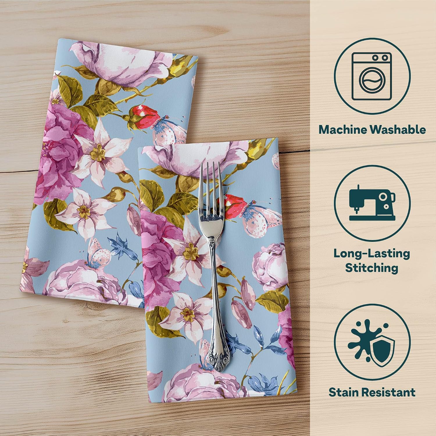Floral Napkins | Made in USA | 18" x 18" Cloth Table Napkins | Absorbent, Washable, Reusable, Stain & Wrinkle Resistant | Spring Table Decor | Dining Linens | Butterfly Vintage - 4pack