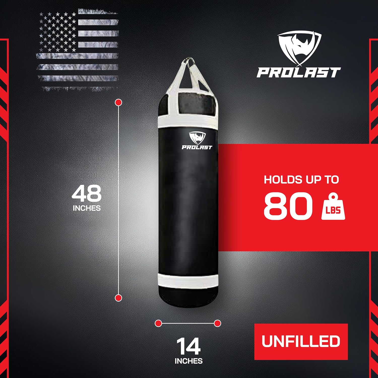 PROLAST 4 ft 80lb Heavy Boxing Punching Bag, Muay Thai, MMA, Strength Training Equipment, Hanging, Rhino Logo, Two Tone
