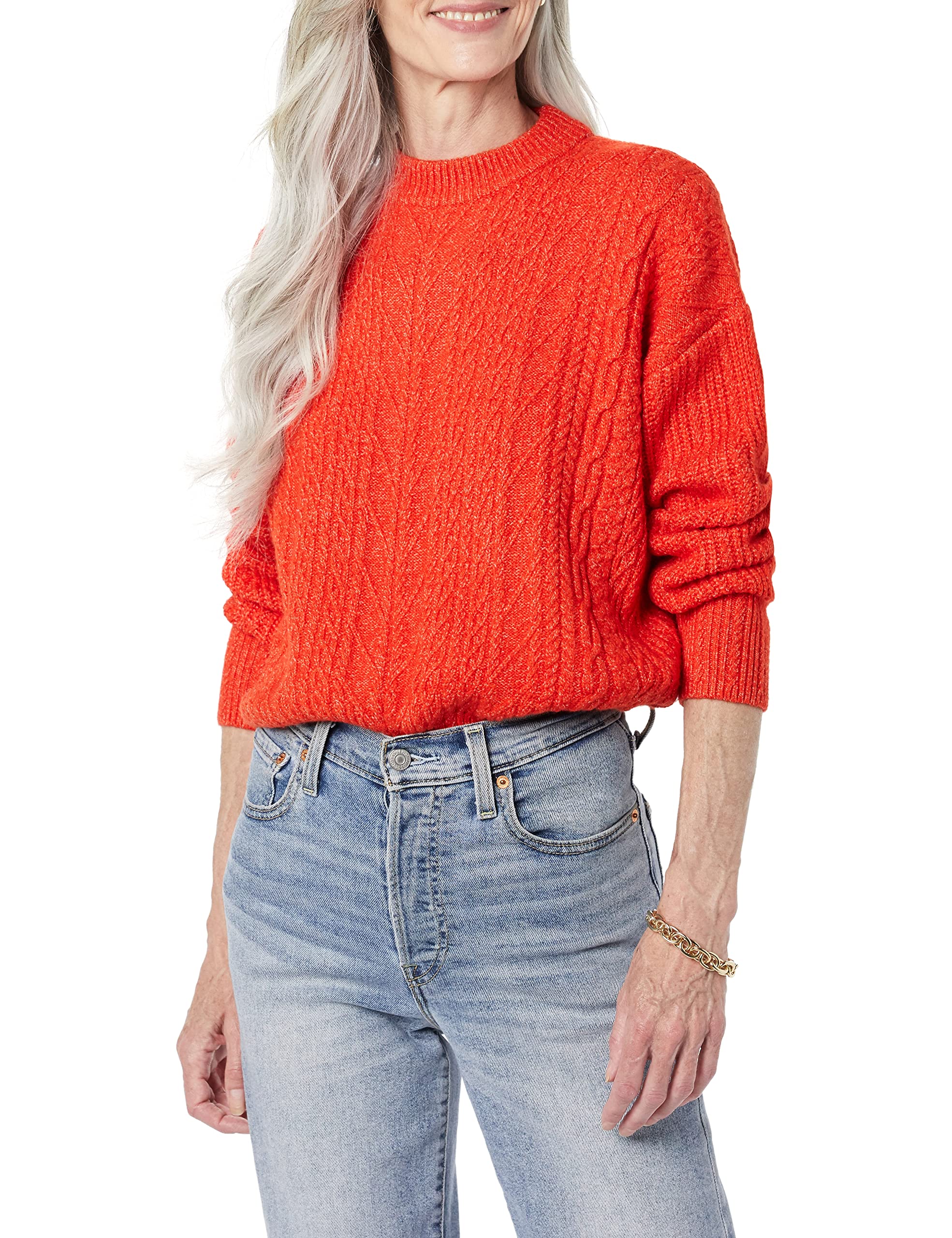 Amazon Essentials Women's Cable Knit Sweater, Soft-Touch Modern Crewneck, Poppy Red, X-Small, Plus Size Available