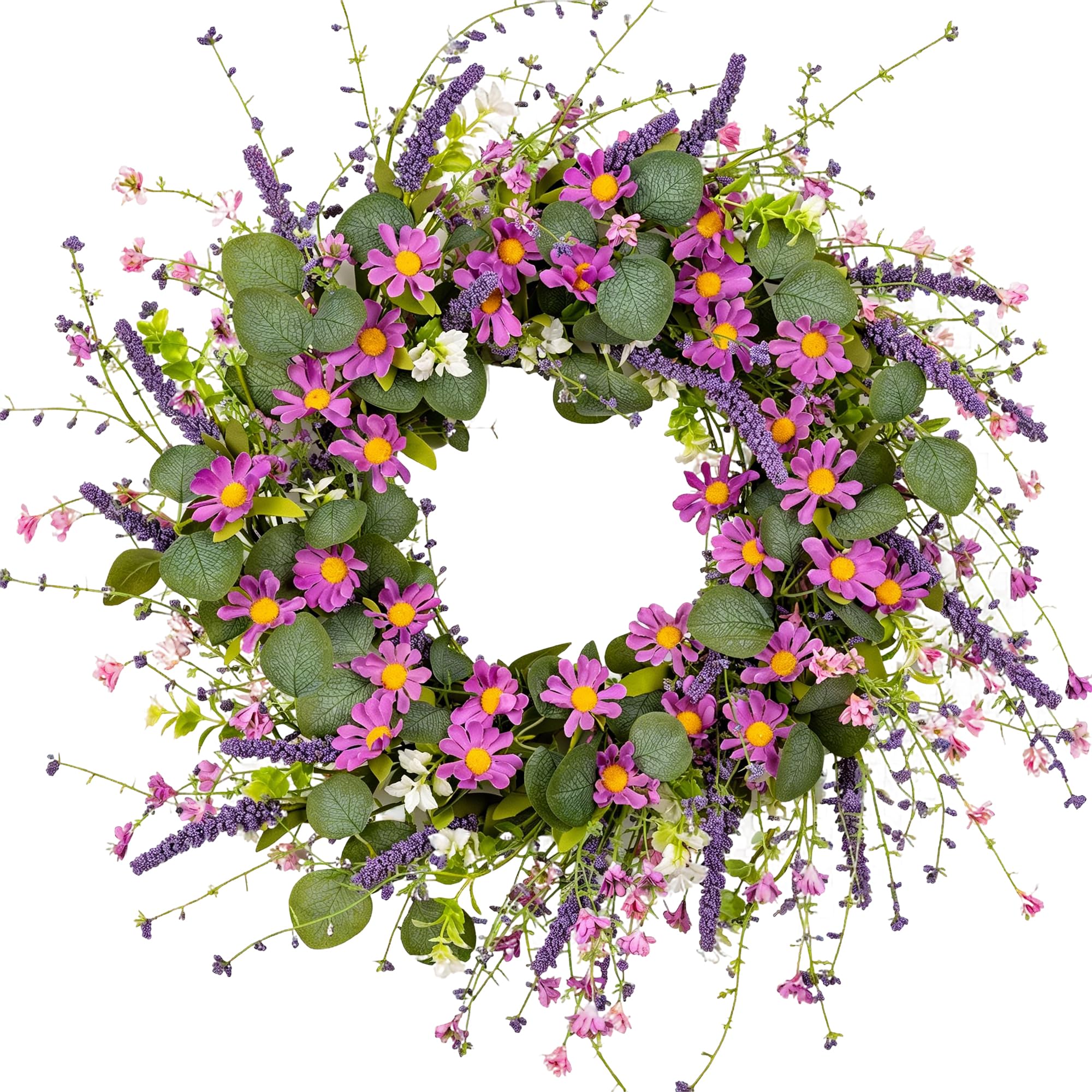 26'' Spring Wreaths for Front Door- Artificial Green Eucalyptus with Lavender, Purple Daisies Wildflower Berries, Iron Ring Base, Handmade Floral Wreaths Year Round Indoor Outdoor Porch-image-34