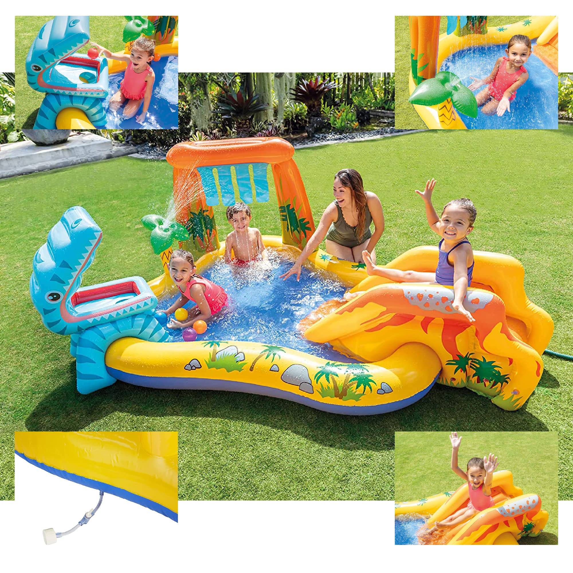 Aventis Kids Dinosaur Inflatable Play Center Fun in The Sun Water Pool Bundle with Matching Adorable Shark Hooded Towel, Stylish Beach Tote, Classic Sunglasses, & Electric Air Pump for Ages 3+