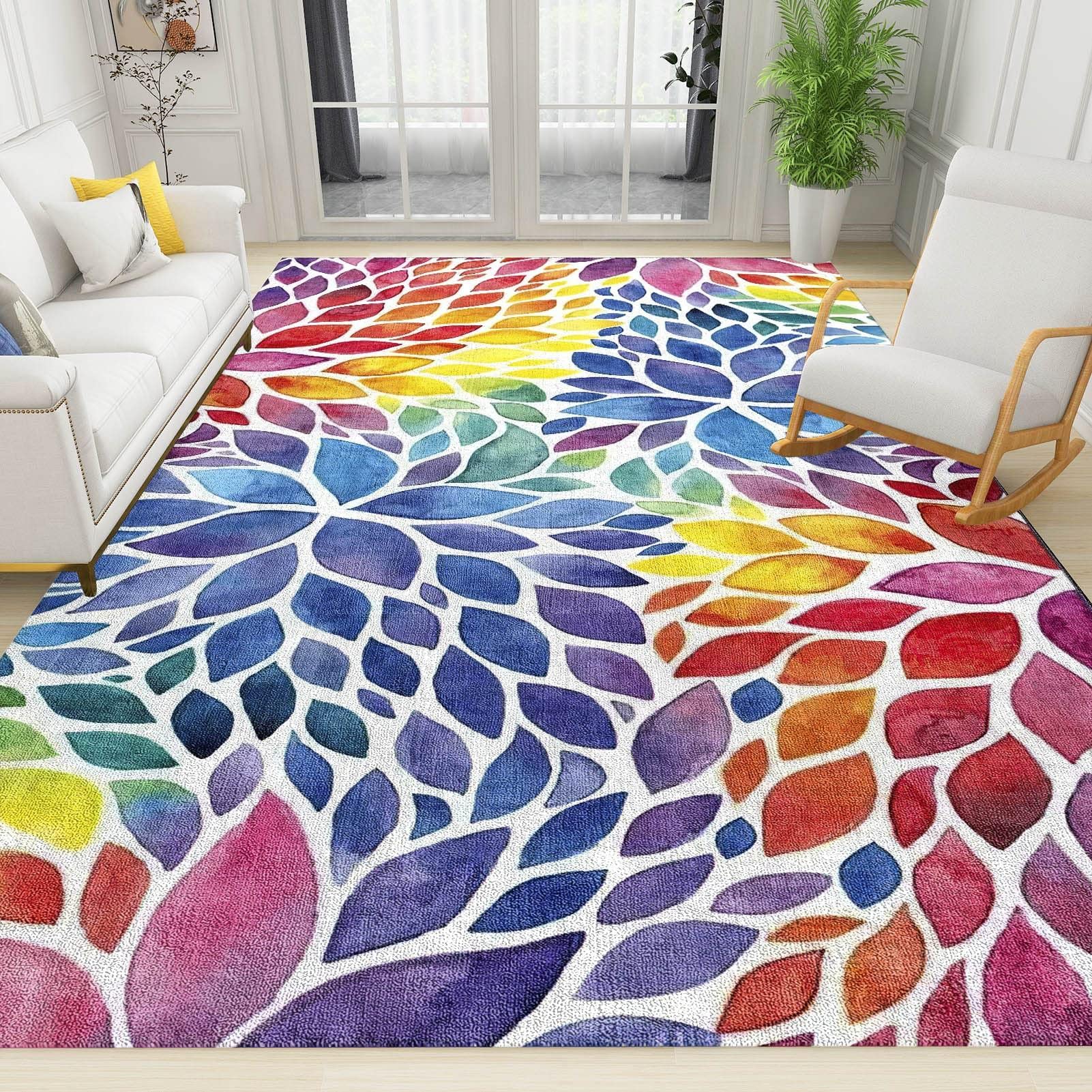 Abstract Dahlia Floral Area Rugs, Colorful Geometric Floral Art Soft Washable Carpet, Upholstery Rug with Non-Slip Backing for Kids Boys Girls Bedroom Living Room Dining Room Study 5ftx7ft