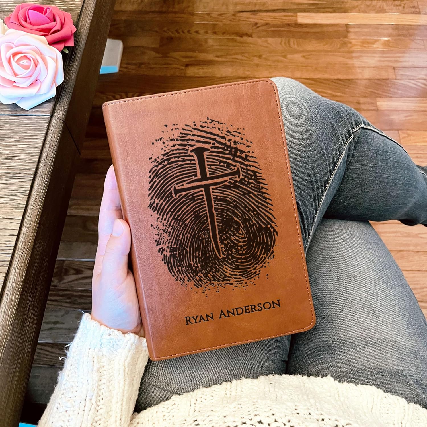 Personalized ESV RVR Parallel Bible, Custom Fingerprint & Cross Design with Name Engraved, Bilingual Bible, Gift for Baptism, Wedding
