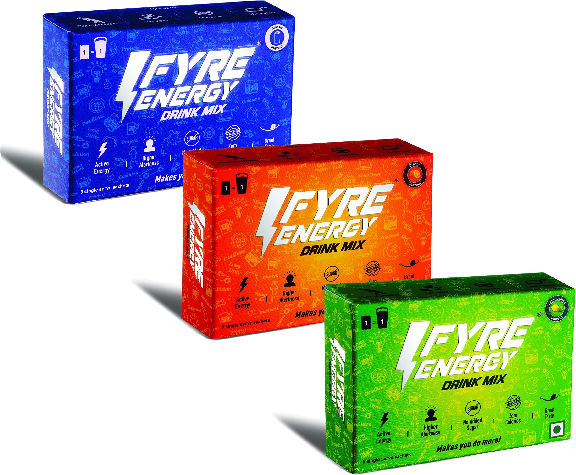 Fyre Energy Drink Mix Combo Flavours For Energy, Alertness, No Added Sugar, Zero Calories - Pack Of 15 Sachets, 5.5gms E ch