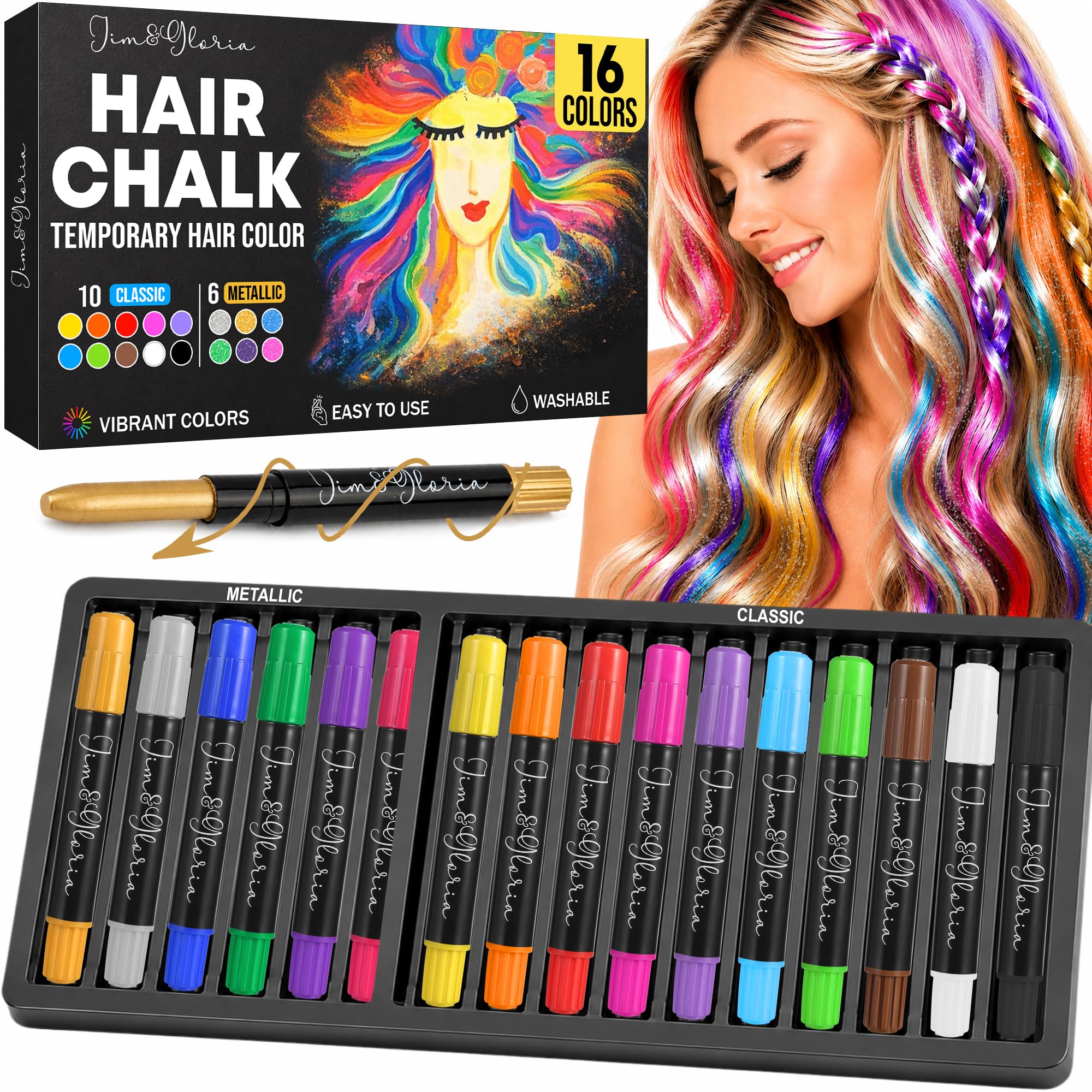 Jim&Gloria Hair Chalk, 16 Color Set with 6 Metallic Shades, Temporary Color, Washable Pens, Teen Girl Gifts Trendy Stuff, Gifts for Teenage Girls, Tween Trendy Stuff, Makeup Kit, Birthday Ideas