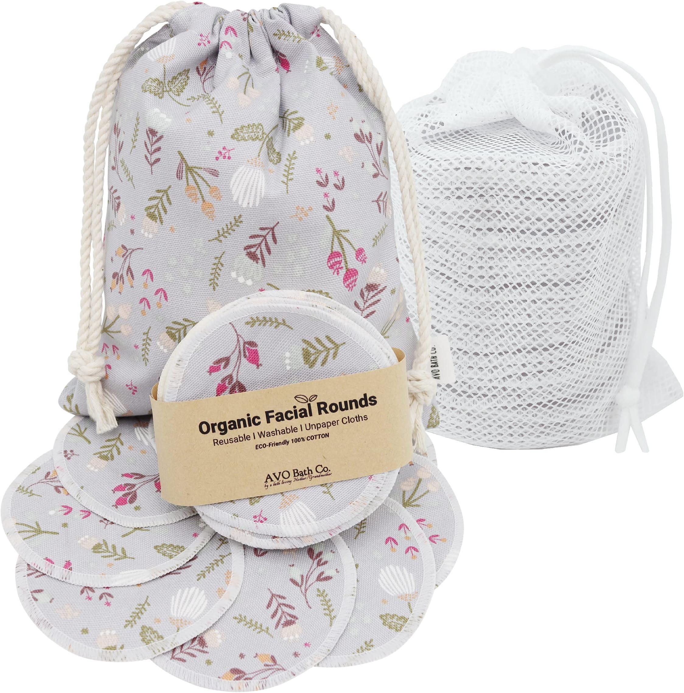Handmade by AVO - 8 Reusable Pads, Makeup Remover, Quilted Organic Cotton Rounds, Pads Facial Rounds Fabric Pouch Laundry Bag (Gray Flower)