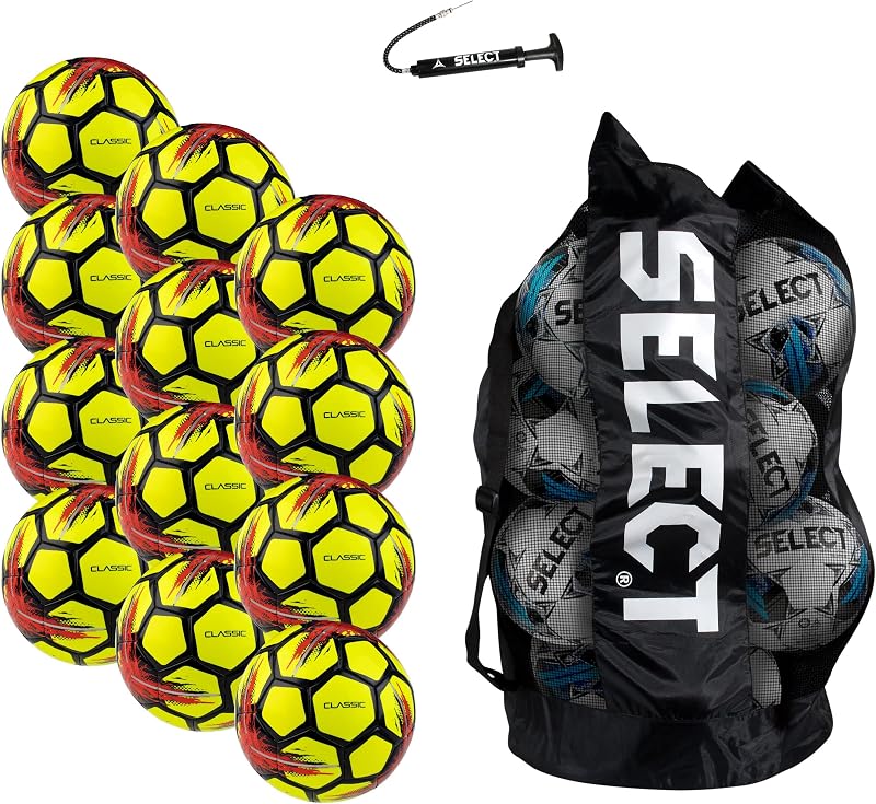 SELECT Classic V21 Soccer Ball, 12-Ball Pack with Duffle Ball Bag and Hand Pump, Yellow, Size 3