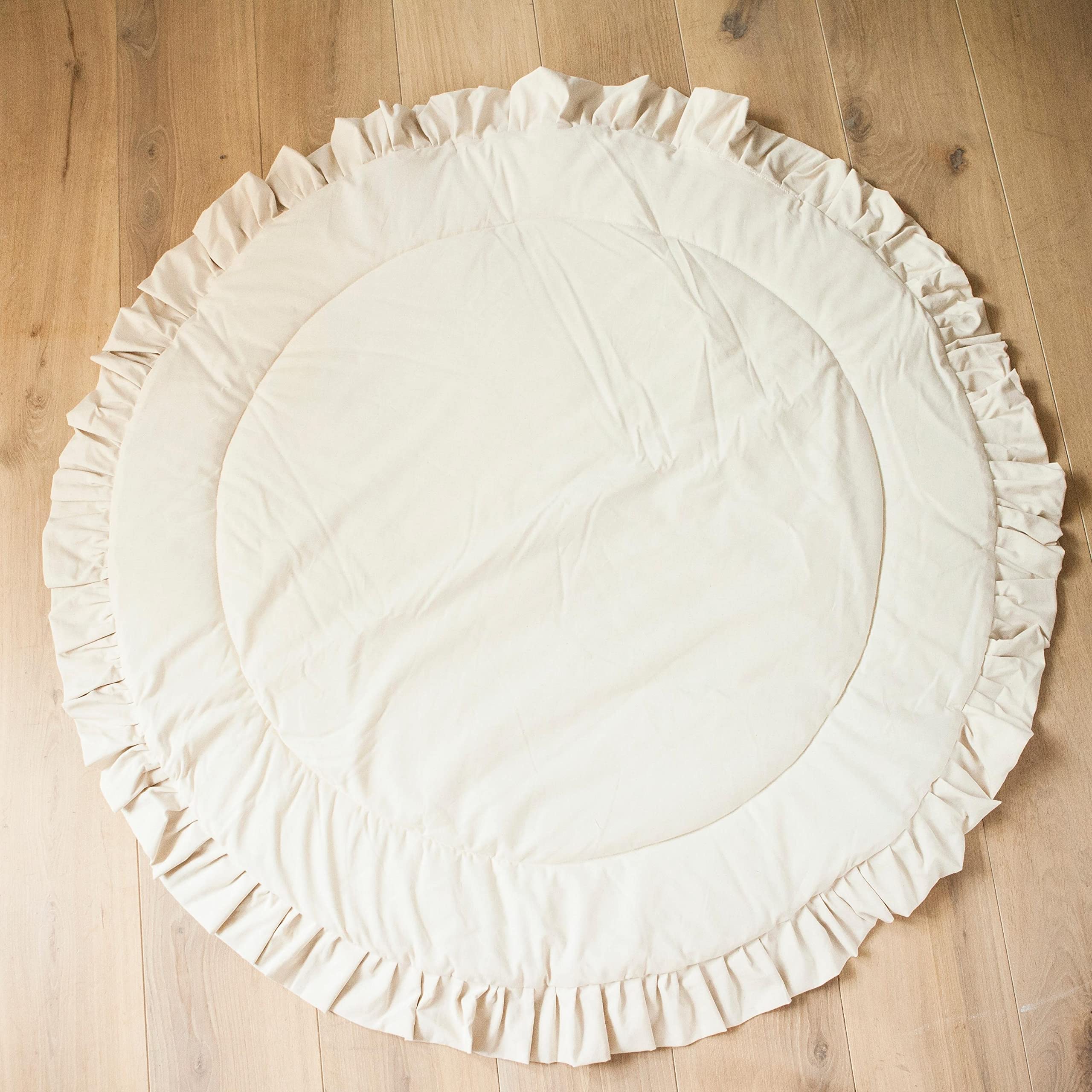MINICAMP Tappeti per il gioco a pavimento realizzati con cotone naturale, Morbido tappeto imbottito con bordo arricciato-Tappetino rotondo per teepee da 125 cm di larghezza (Ecru)