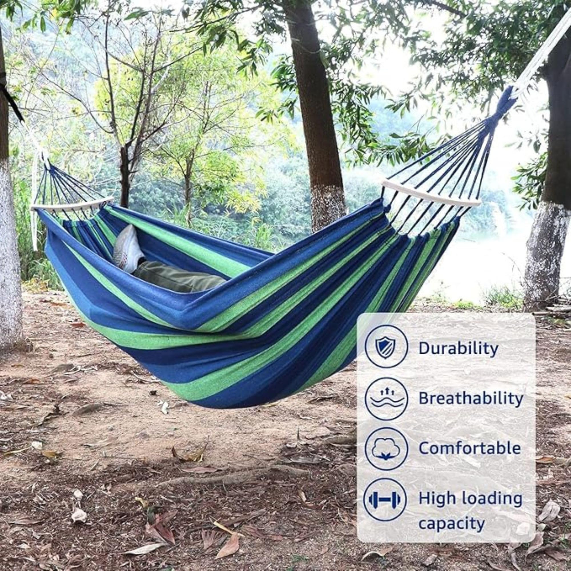 Baskety Cotton Fabric Canvas Travel Hammock with Hardwood Spreader Bar Camping Hammock Swing Bed Outdoor Indoor Use Tree Hanging Beach for Garden, Patio, Balcony, Travel (280 x 100 cm, Blue) 3