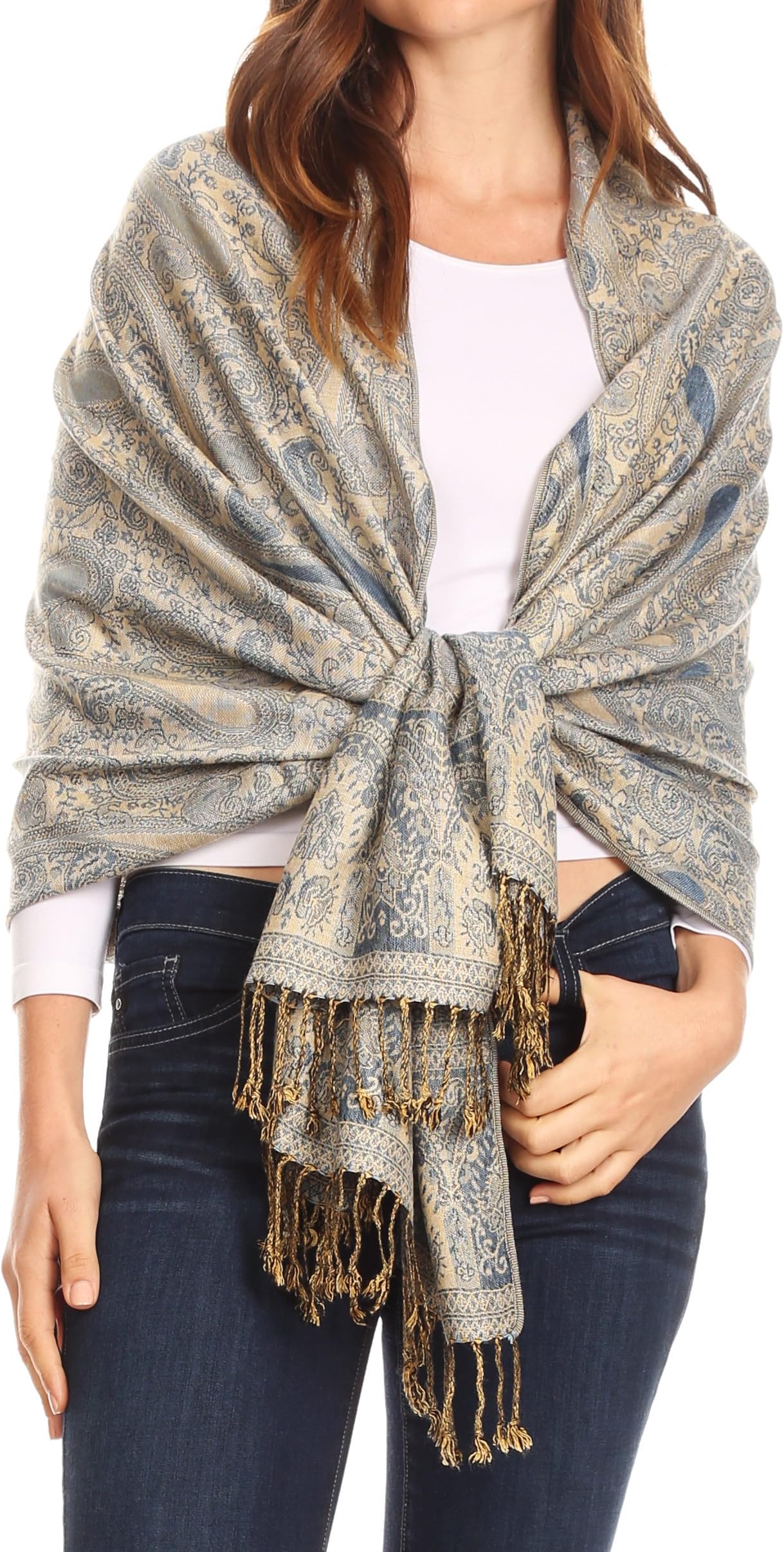 ufash Pashmina, 100% zijden sjaal uit India voor dames en heren, paisley- patroon, 160 x 35 cm, sjaal van pure zijde met diverse designs, bruin 2, 160x35