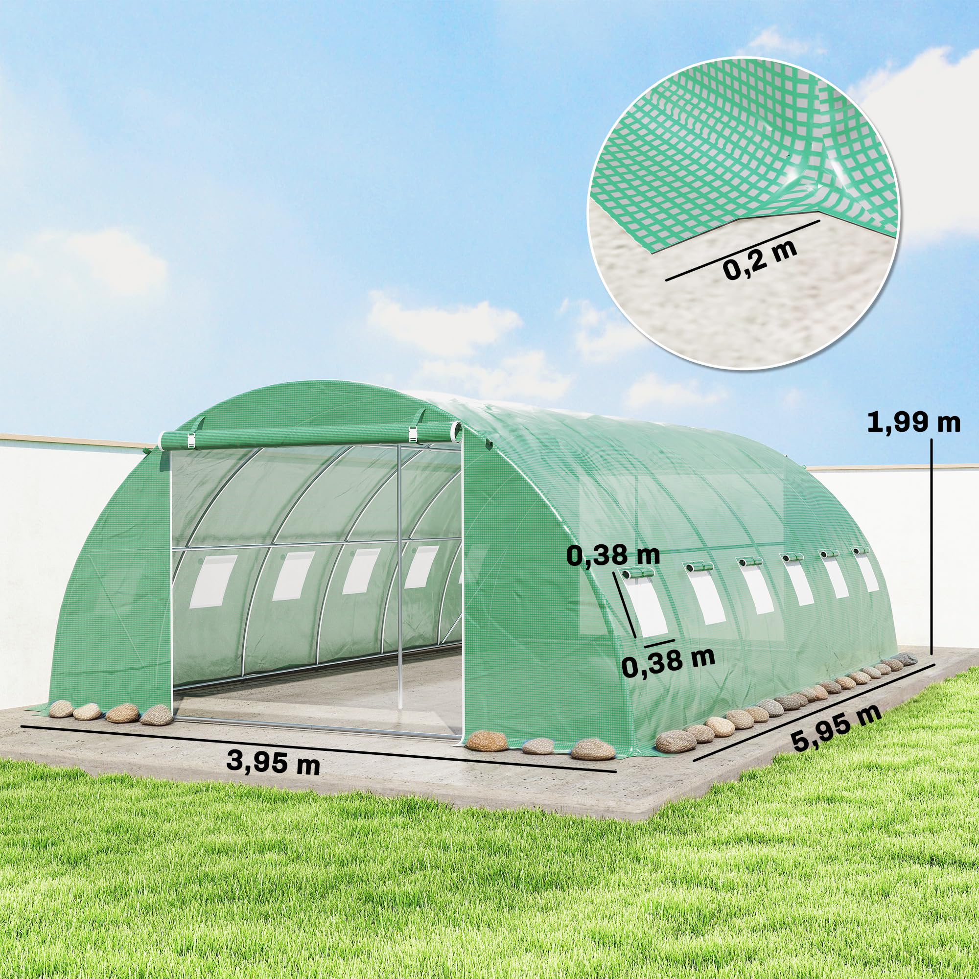 Outsunny Serre Tunnel de Jardin 24m² 395x595x199cm, Acier Galvanisé Ø25mm et Structure Renforcée - Serre Maraîchère en Bâche PE 140g/m², 12 Fenêtres & 2 Portes, Idéale Potager & Hivernage, Vert