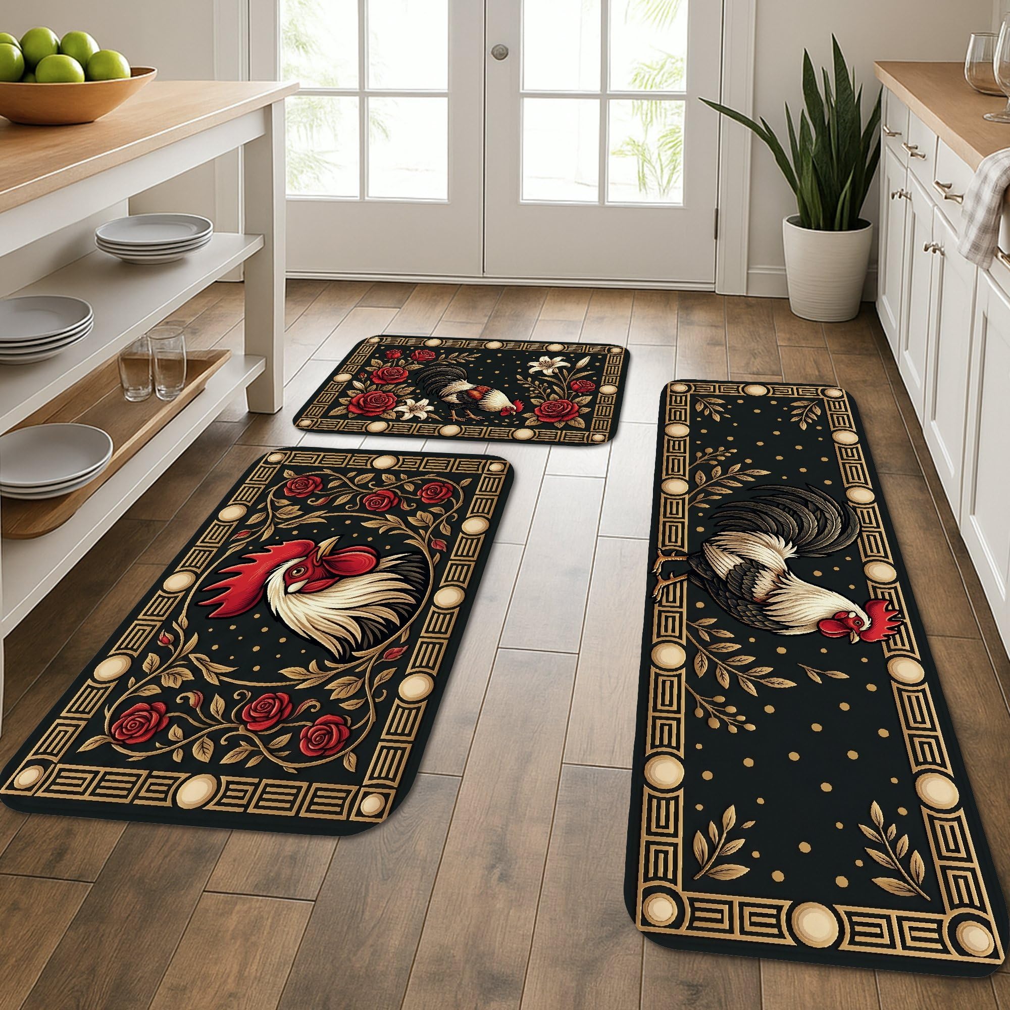 Tapis de cuisine coq au motif floral noir, l'élégance vintage de vos sols