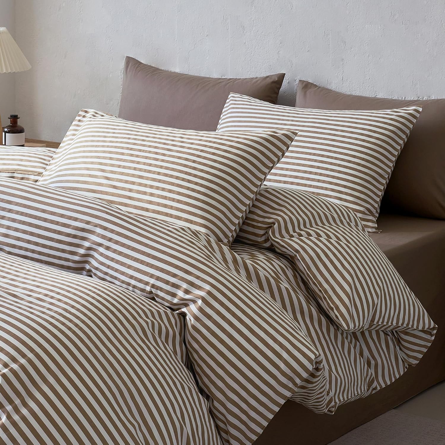 JELLYMONI Striped Duvet Cover Set - Queen Size Comforter Cover, Classic Tan & White Stripes, 100% Cotton 3 Pcs Bedding with Zipper Closure & 8 Corner Ties for Master or Guest Bedroom