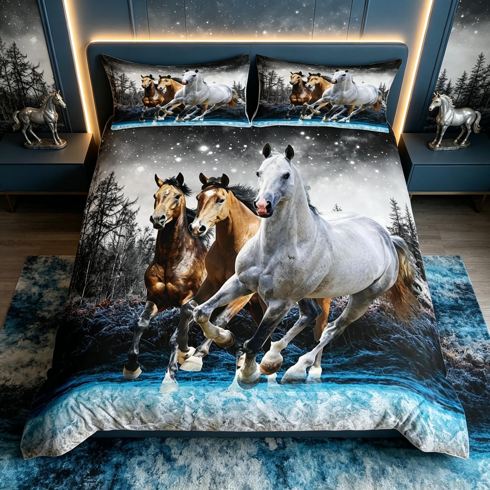 Loussiesd Horse Duvet Cover Galloping Horse Bedding Set for Kids Boys Girls Wildlife Comforter Cover Farm Animal Bedspread Cover 1 Duvet Cover with 2 Pillowcases King Size — image 1